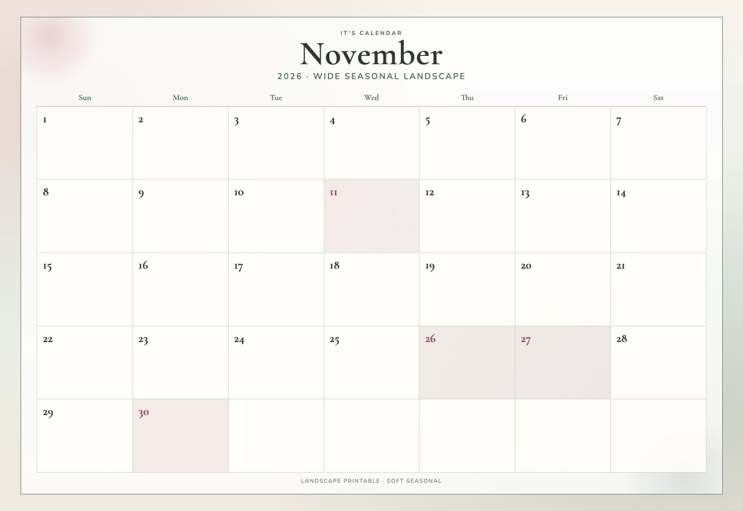 Landscape November 2026 Calendar