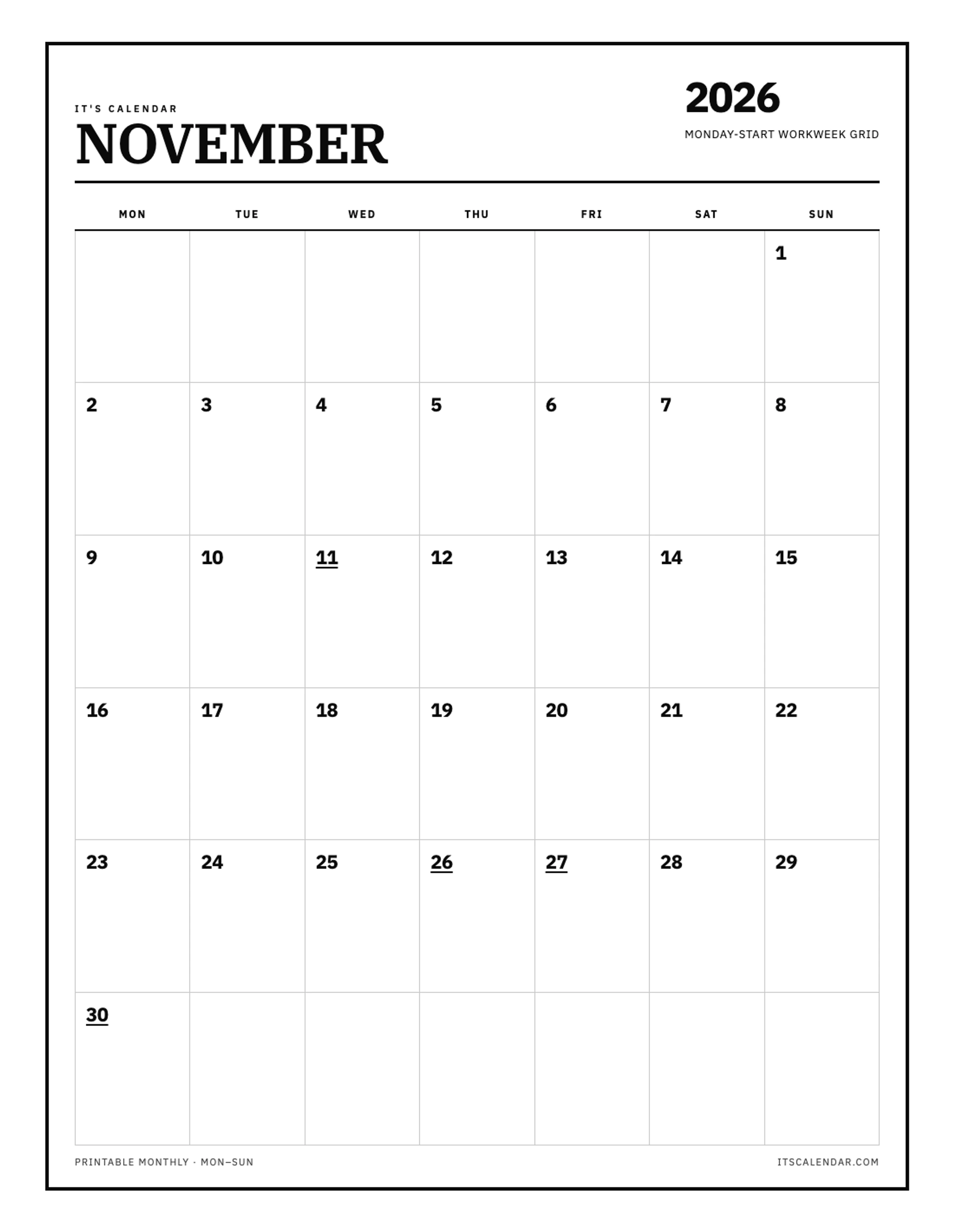 November 2026 Calendar – Monday Start