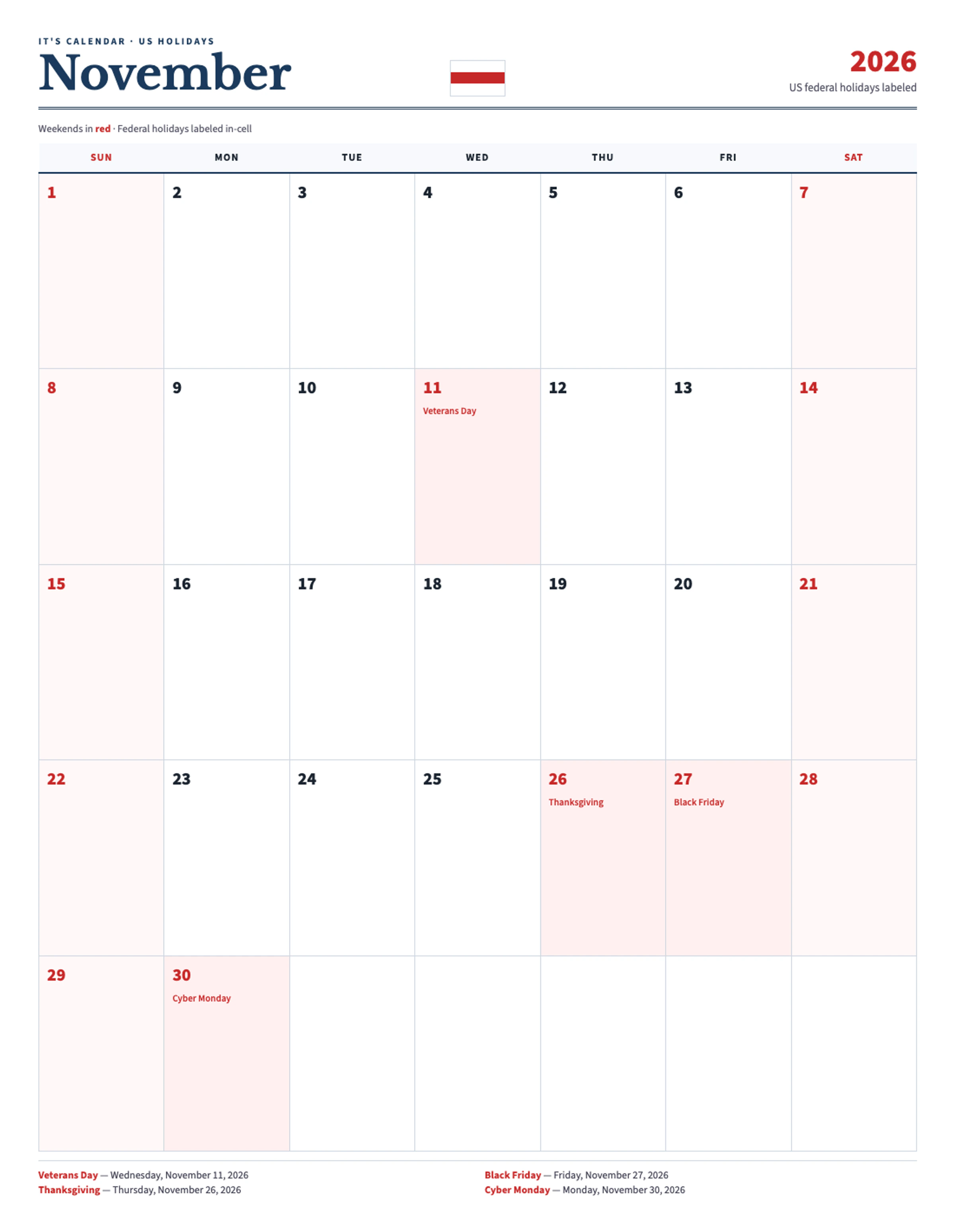 November 2026 Calendar With Holidays