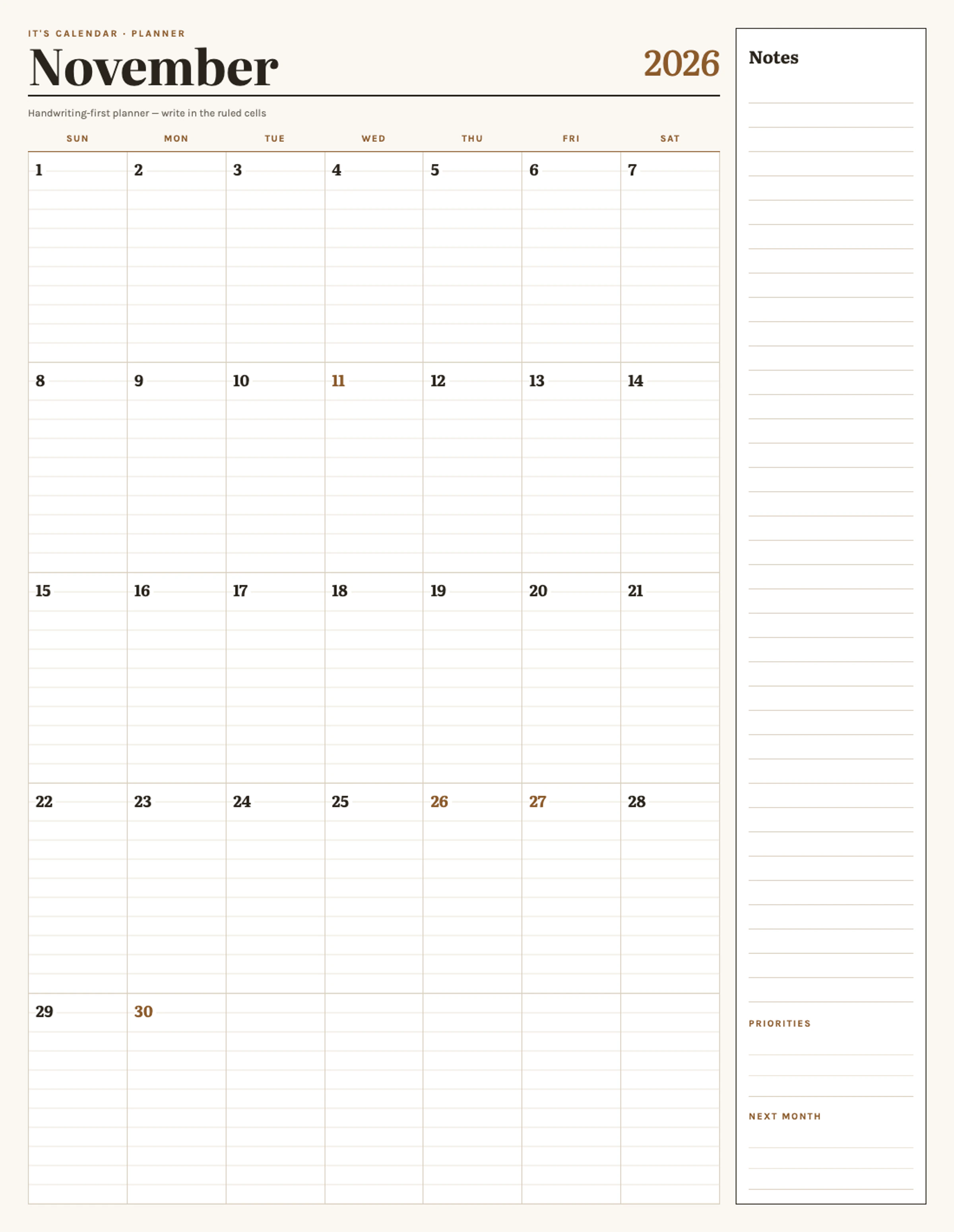 November 2026 Calendar With Notes