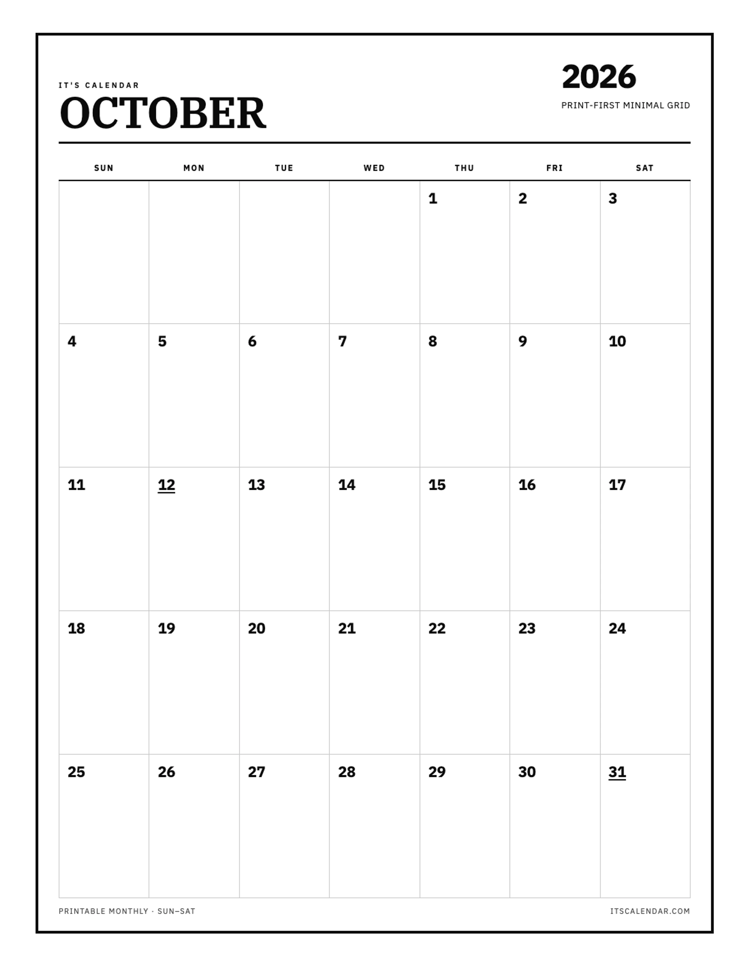 Blank October 2026 Calendar