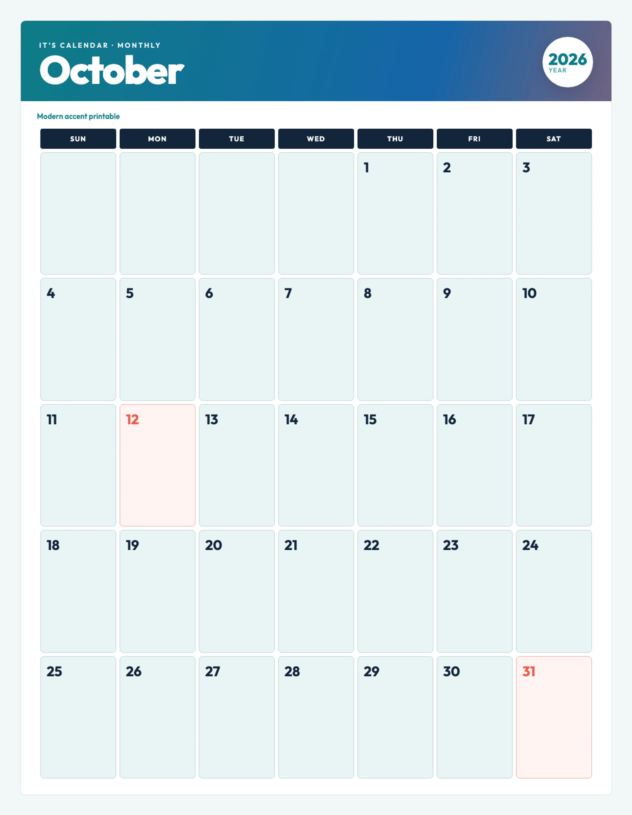 Cute / Winter October 2026 Calendar