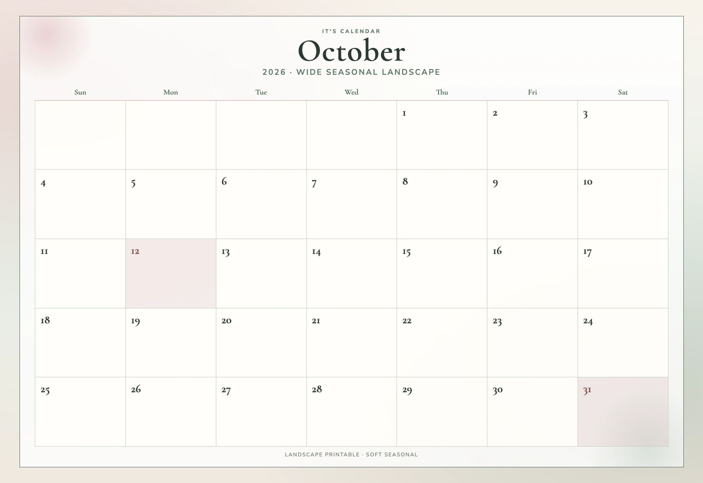 Landscape October 2026 Calendar