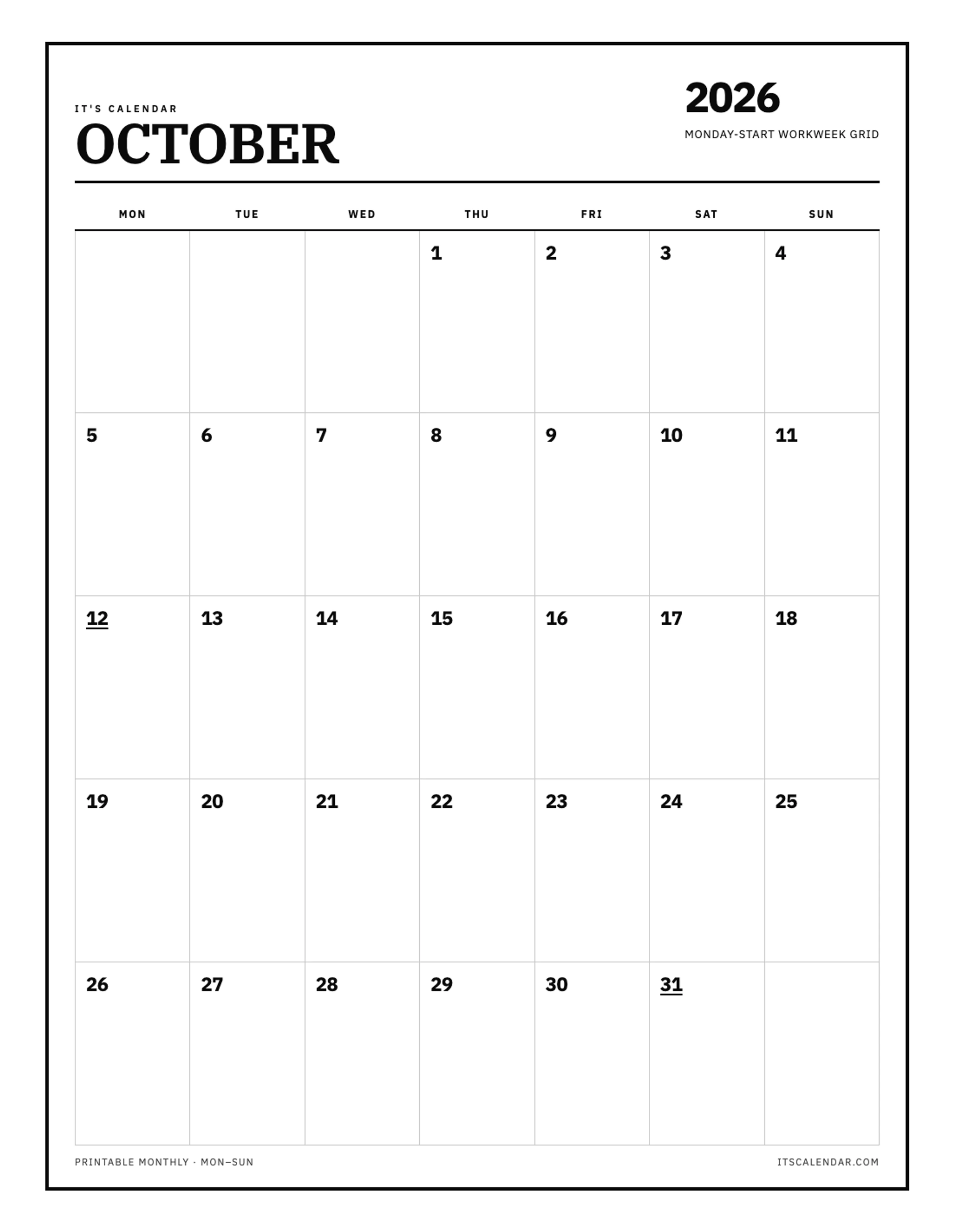 October 2026 Calendar – Monday Start