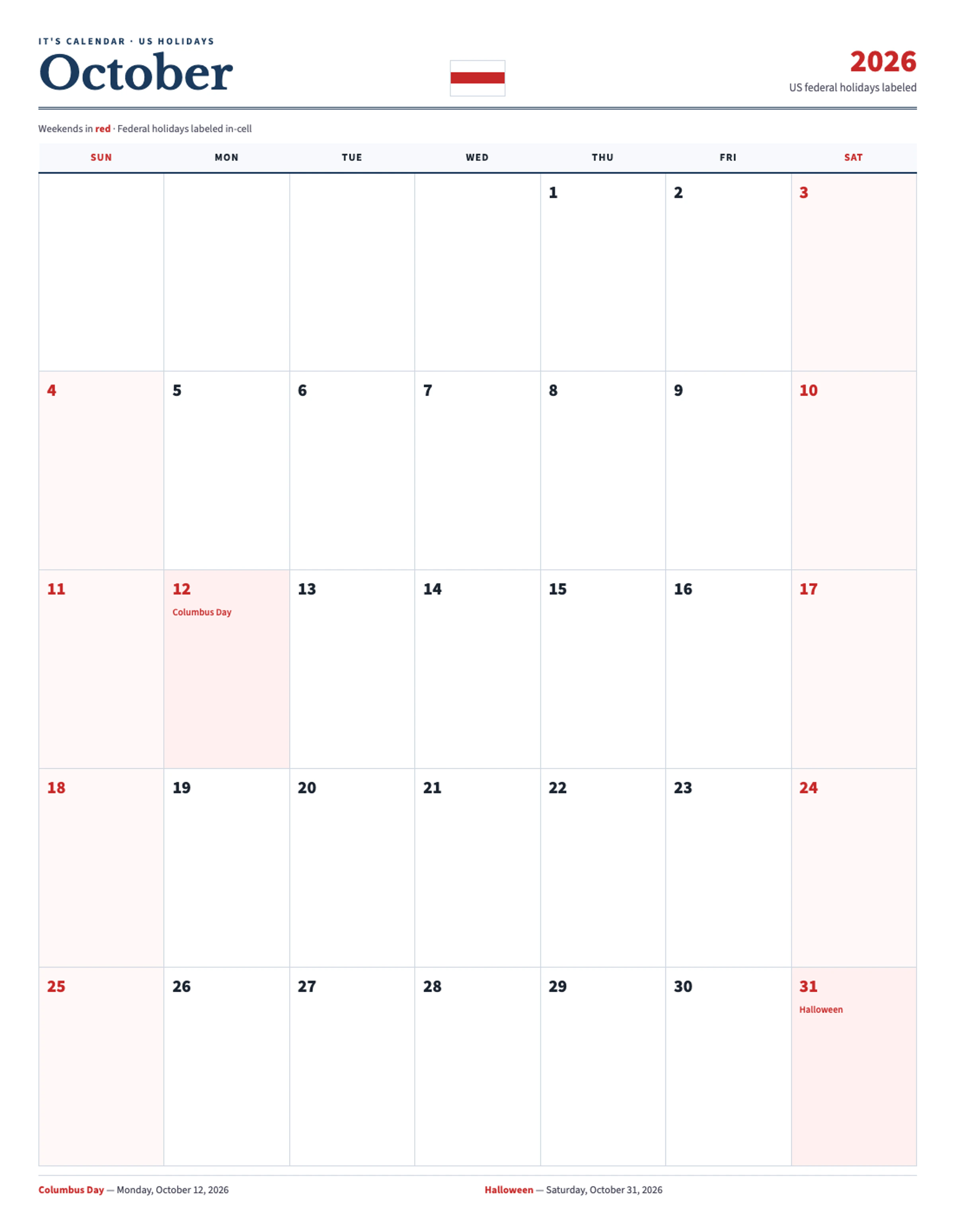 October 2026 Calendar With Holidays