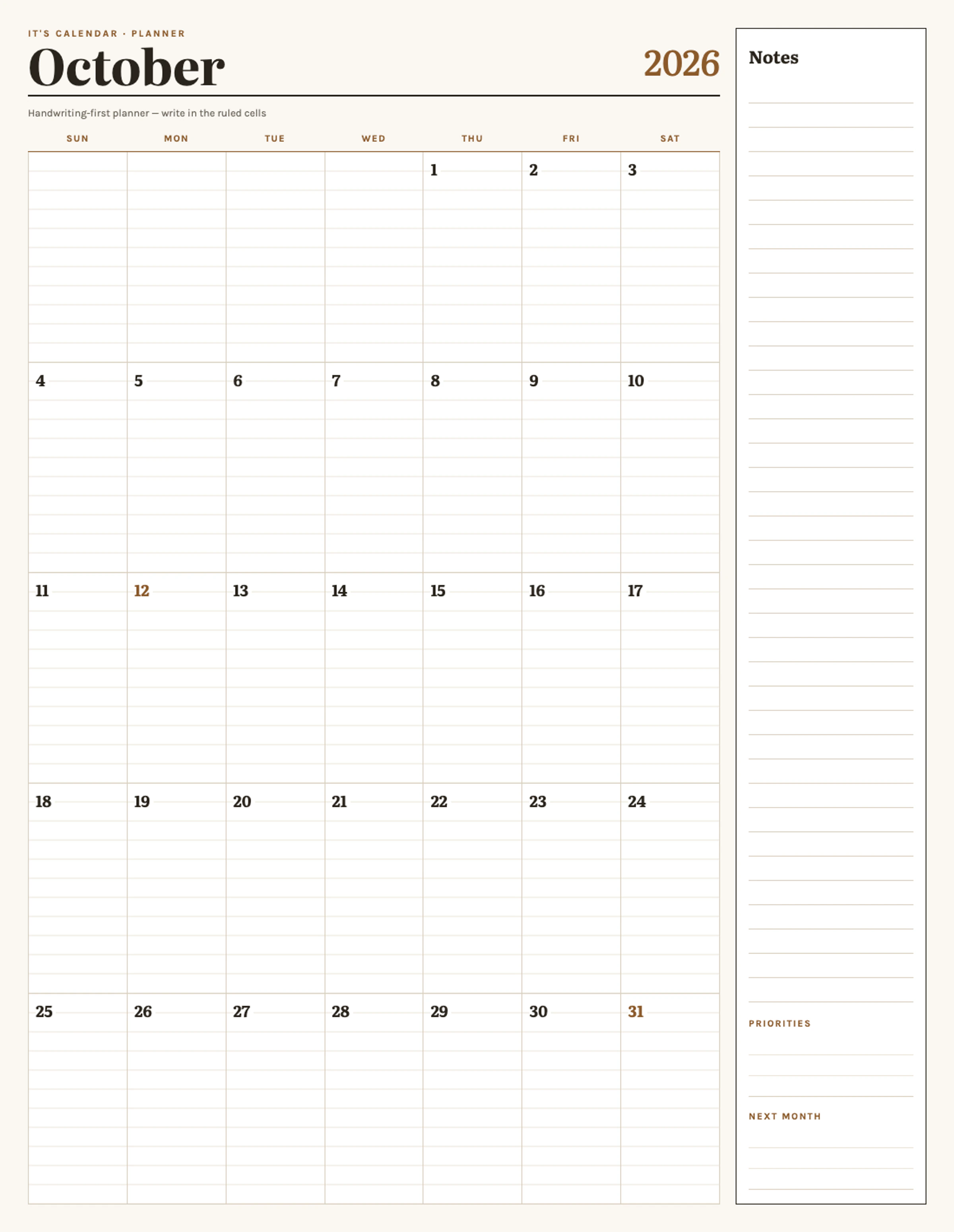 October 2026 Calendar With Notes