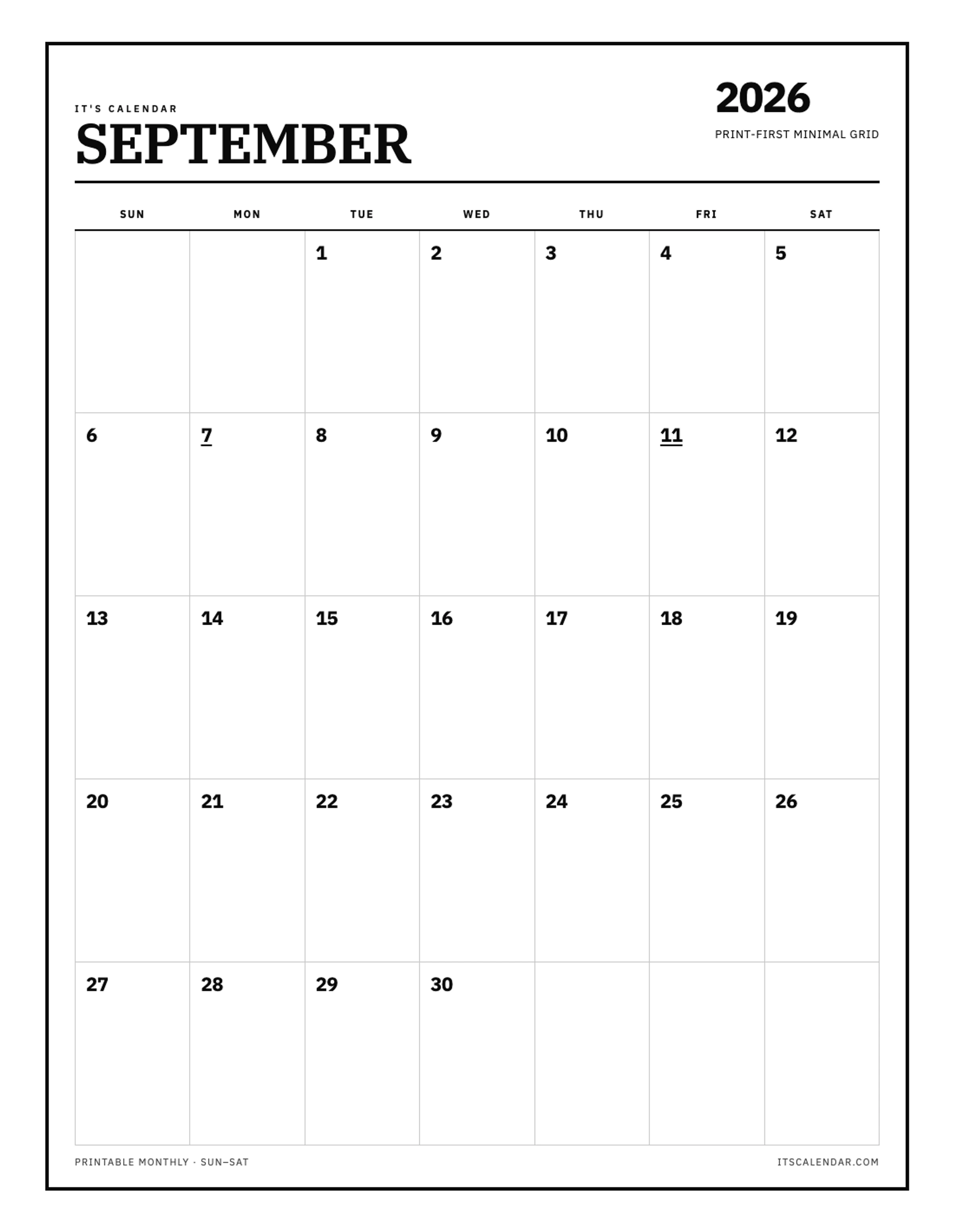 Blank September 2026 Calendar