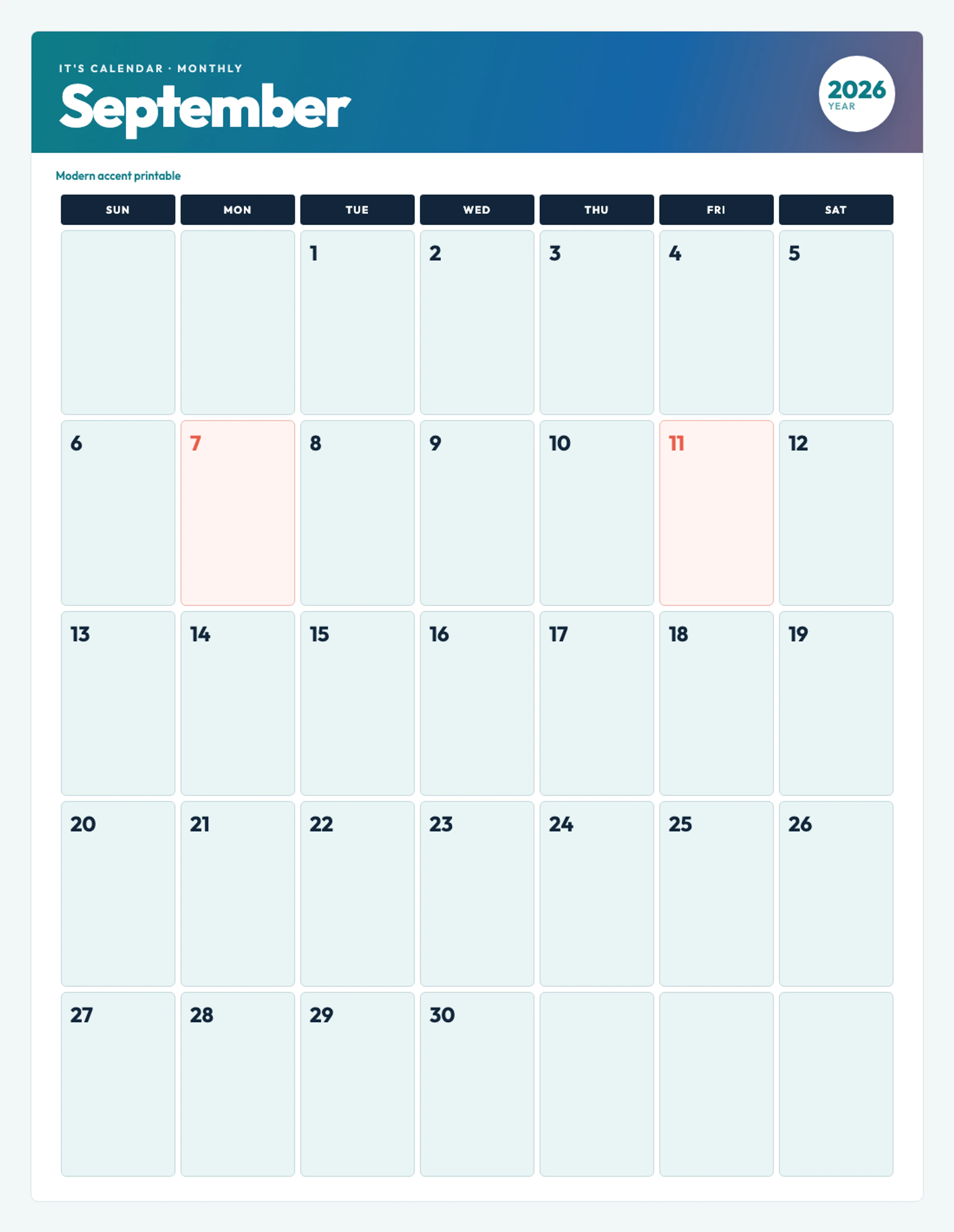 Cute / Winter September 2026 Calendar