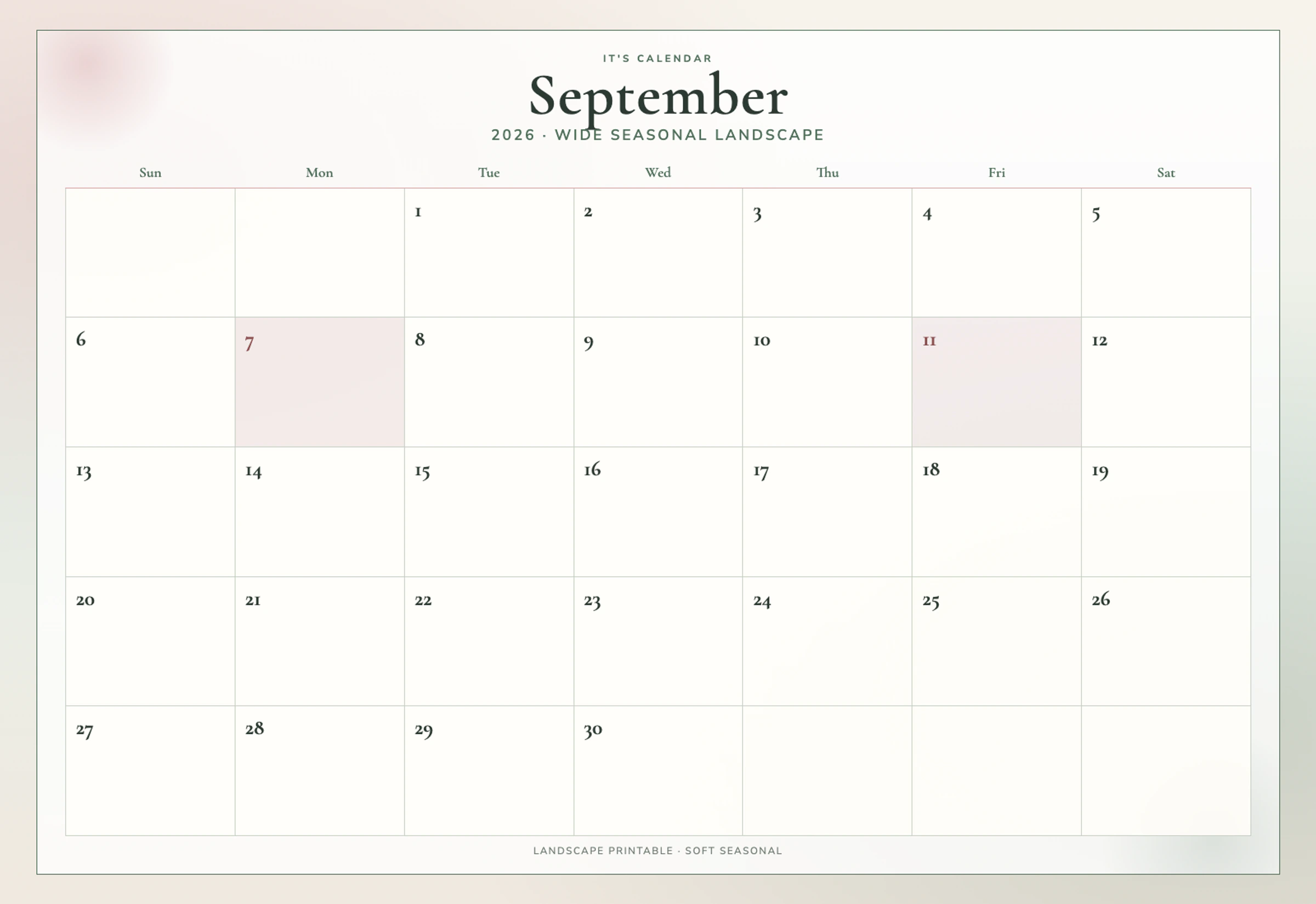 Landscape September 2026 Calendar