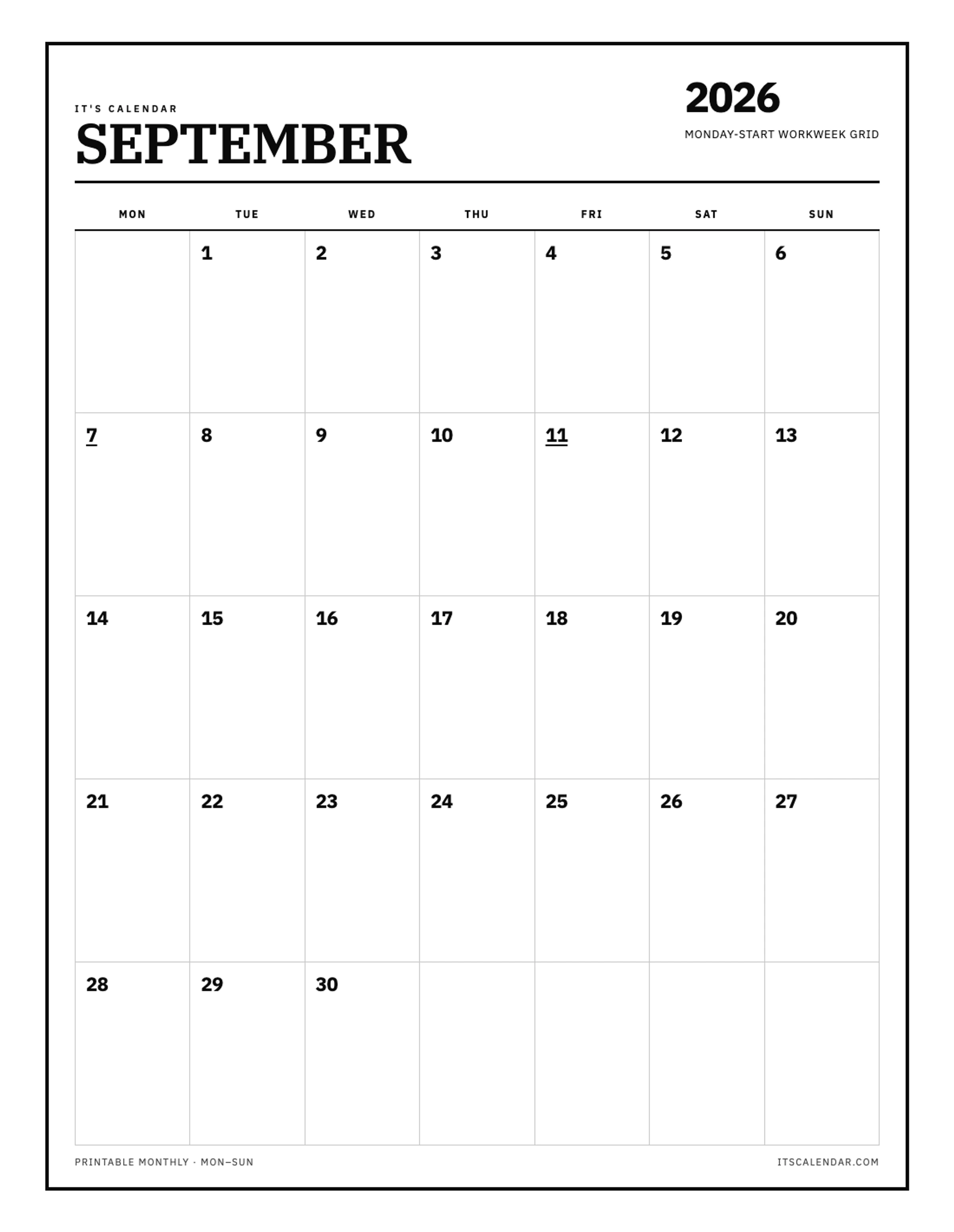 September 2026 Calendar – Monday Start