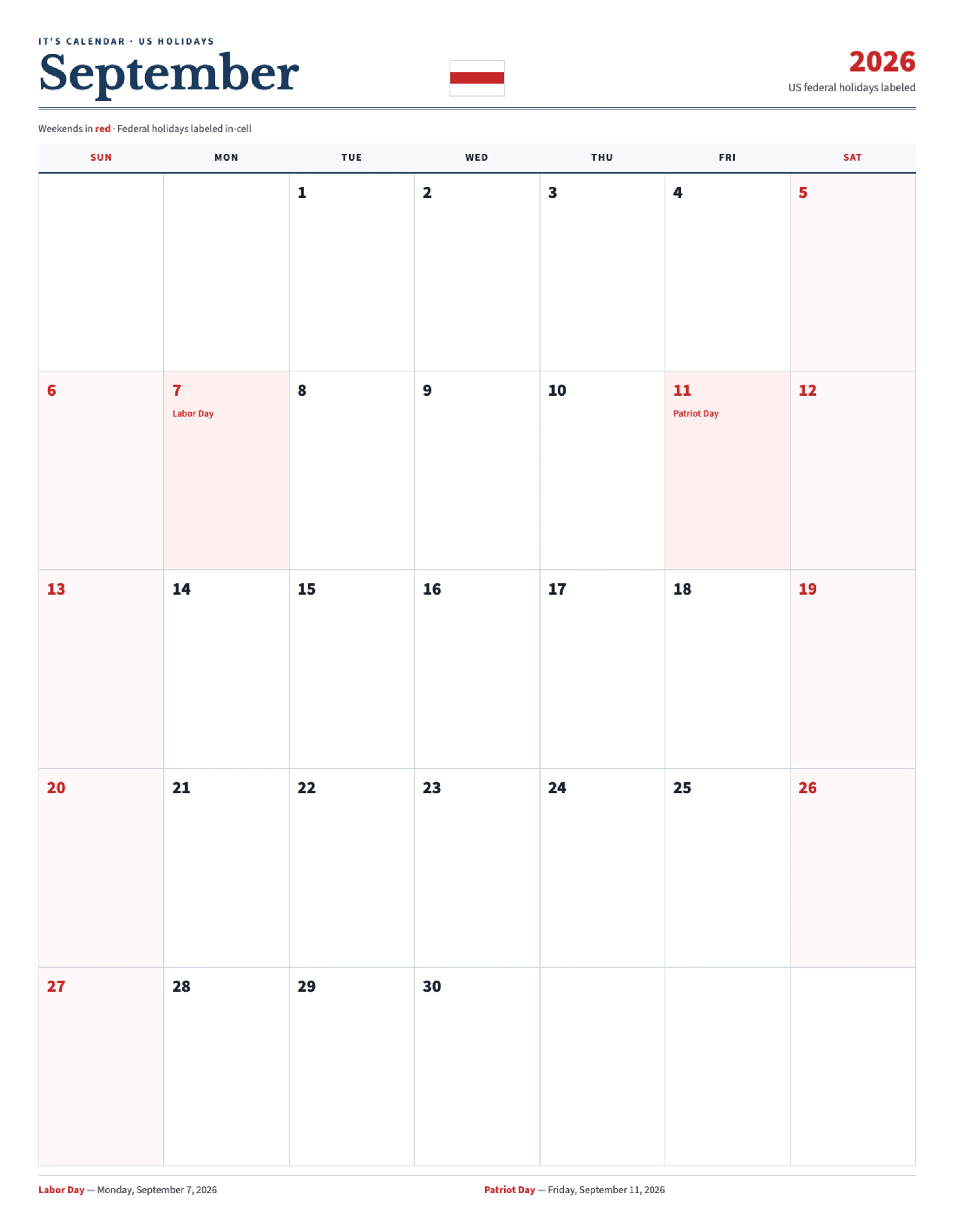 September 2026 Calendar With Holidays