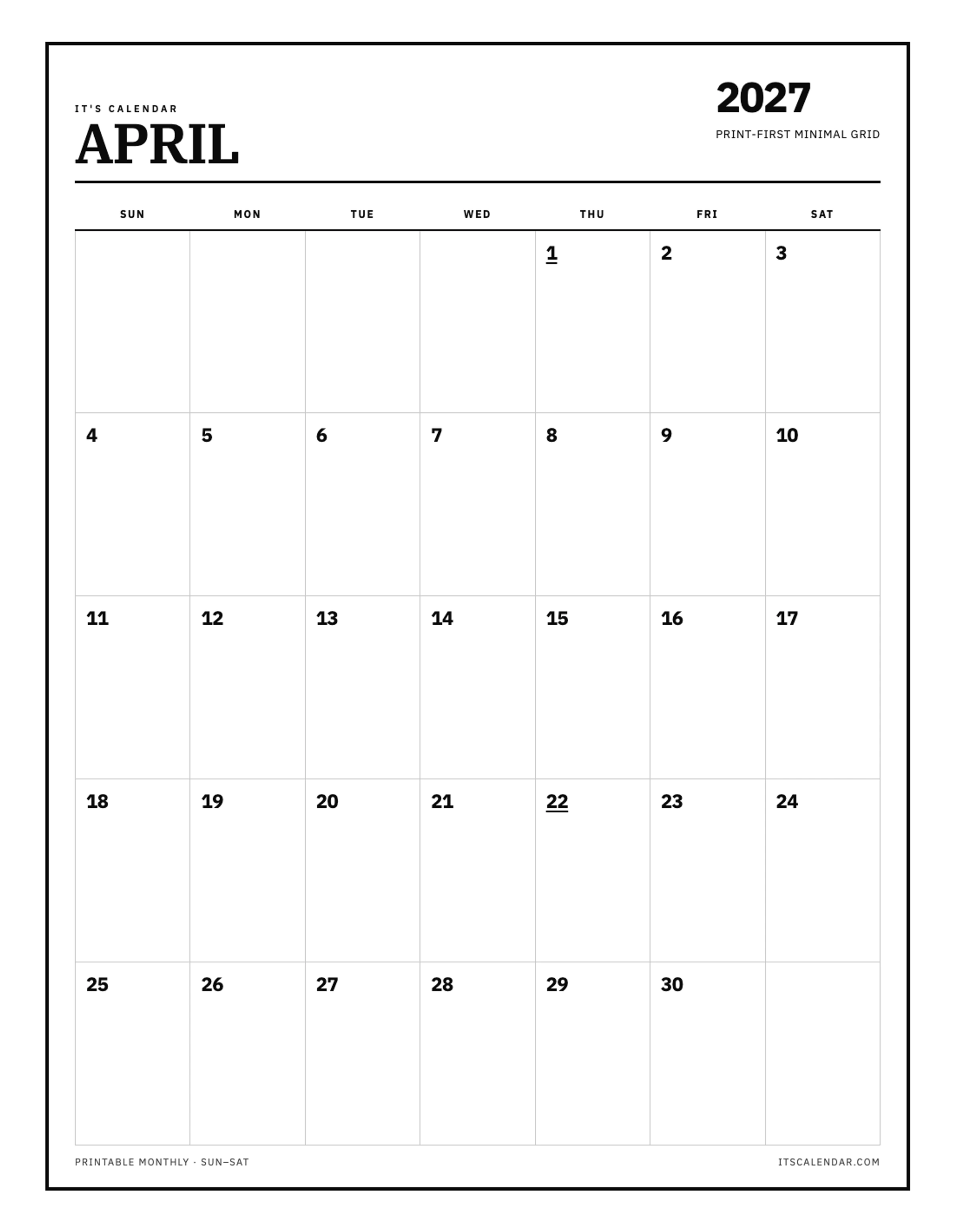Blank April 2027 Calendar