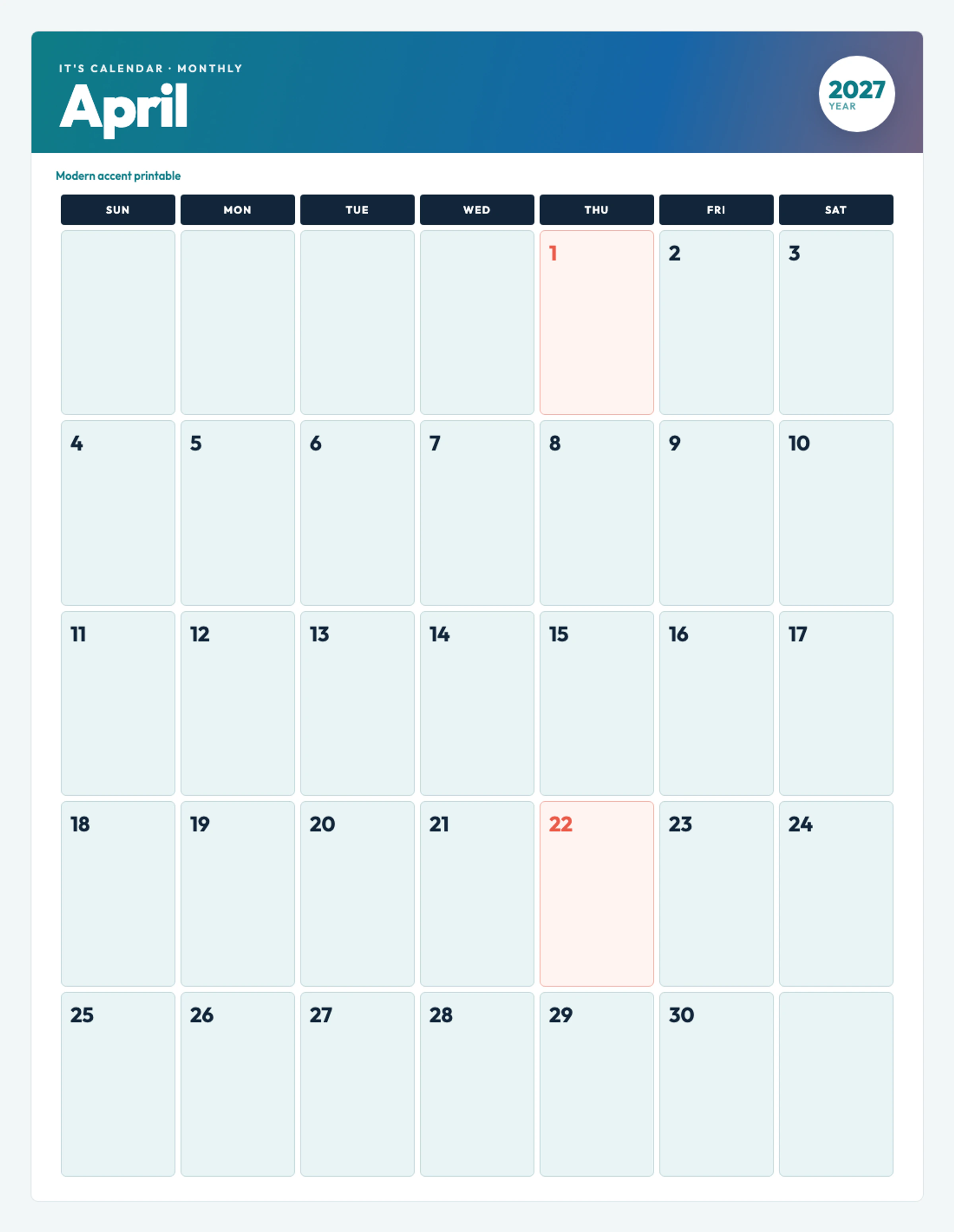 Cute / Winter April 2027 Calendar