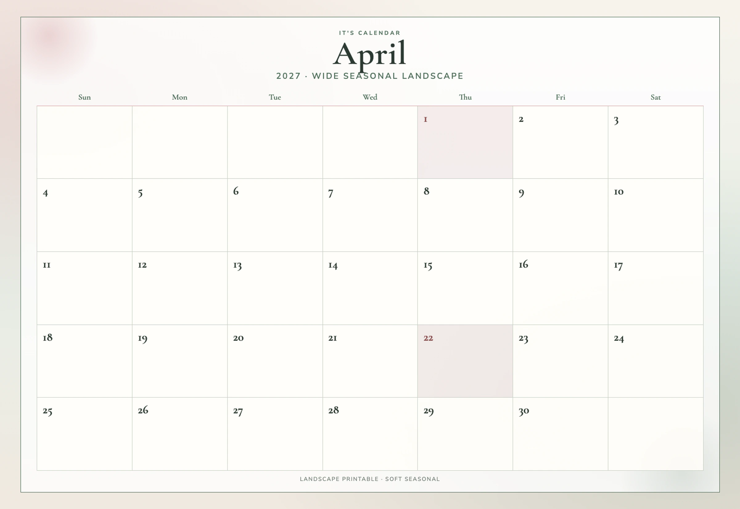 Landscape April 2027 Calendar