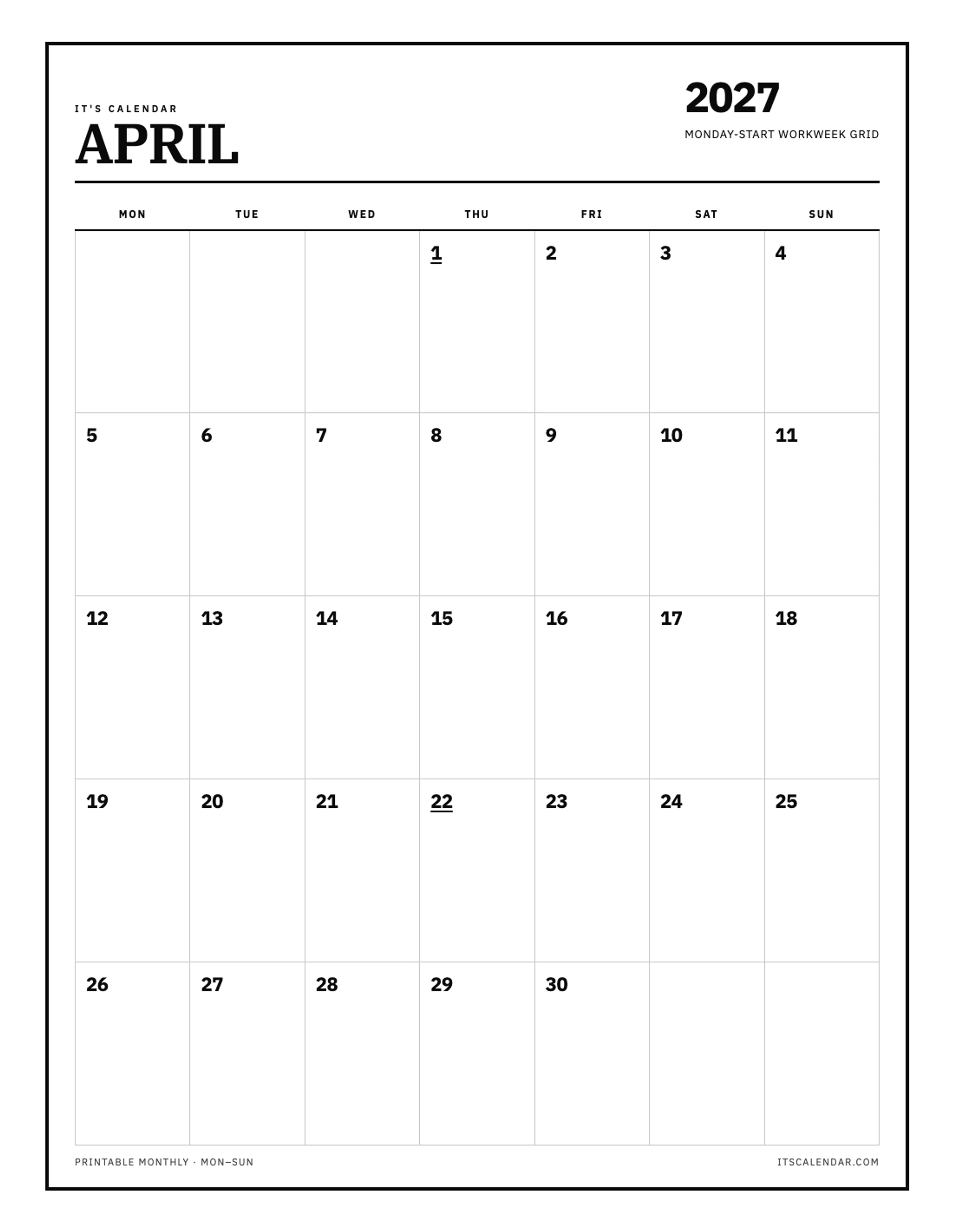April 2027 Calendar – Monday Start