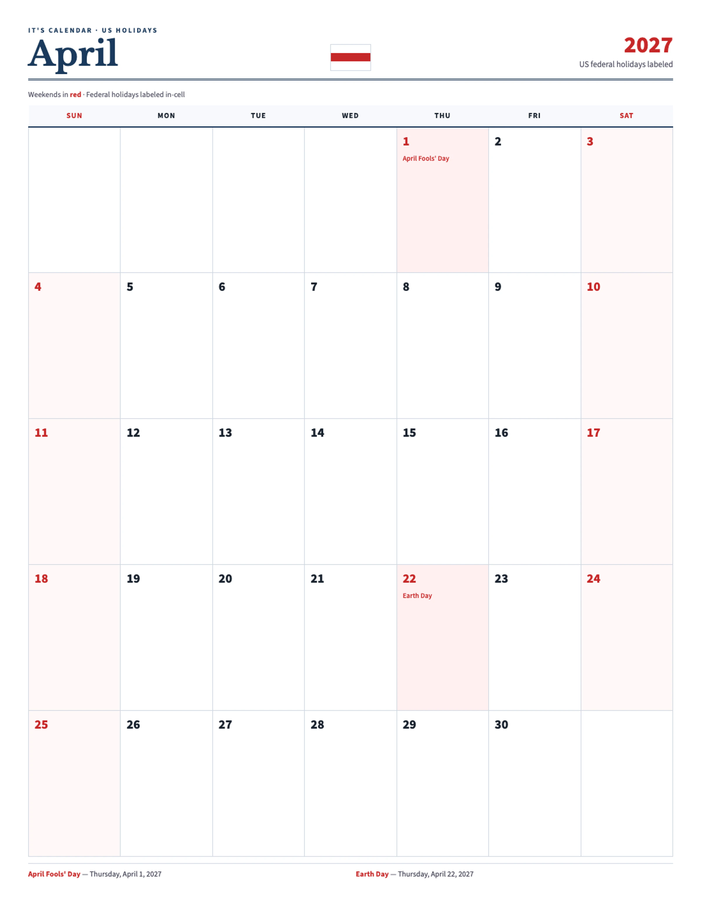 April 2027 Calendar With Holidays