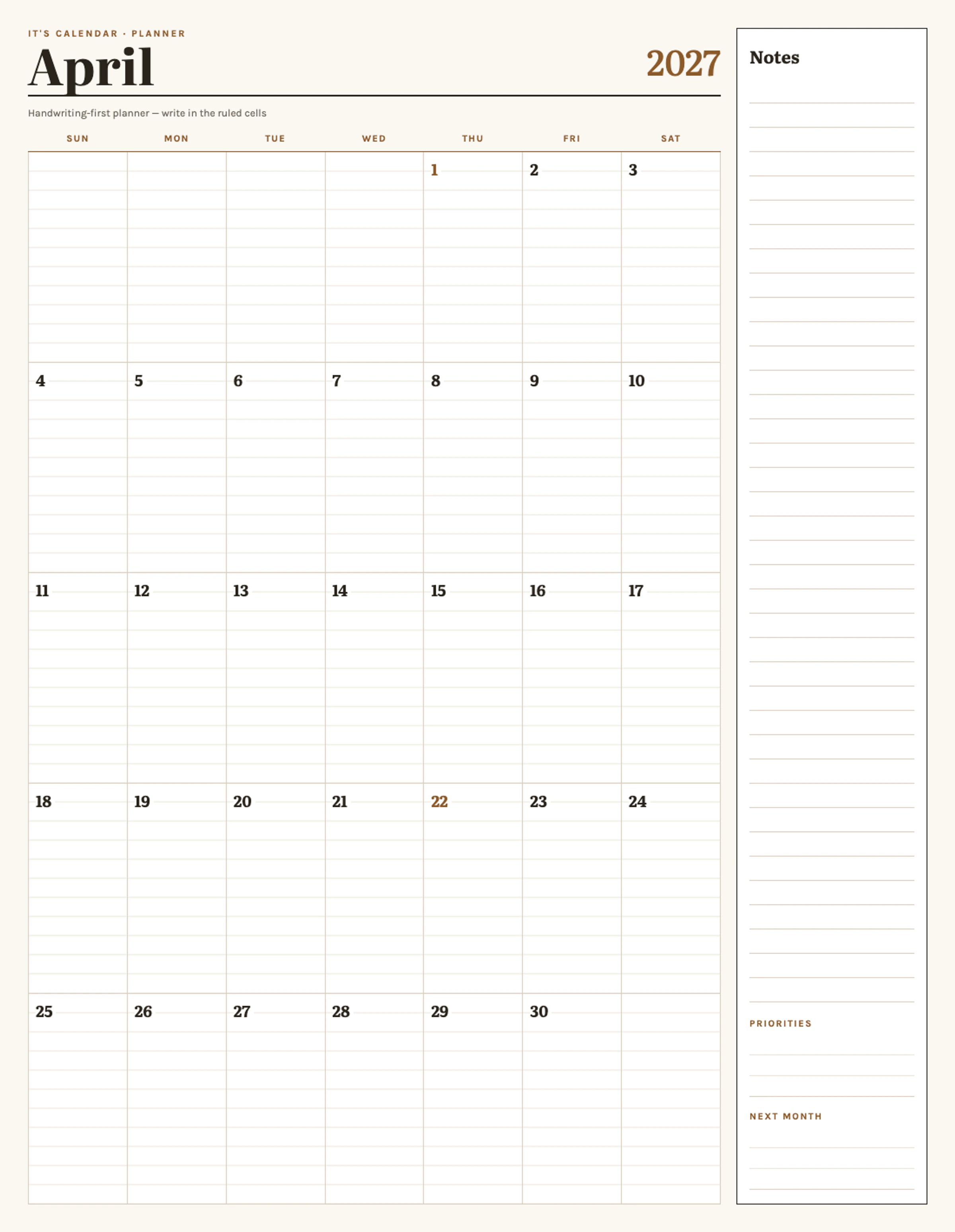 April 2027 Calendar With Notes