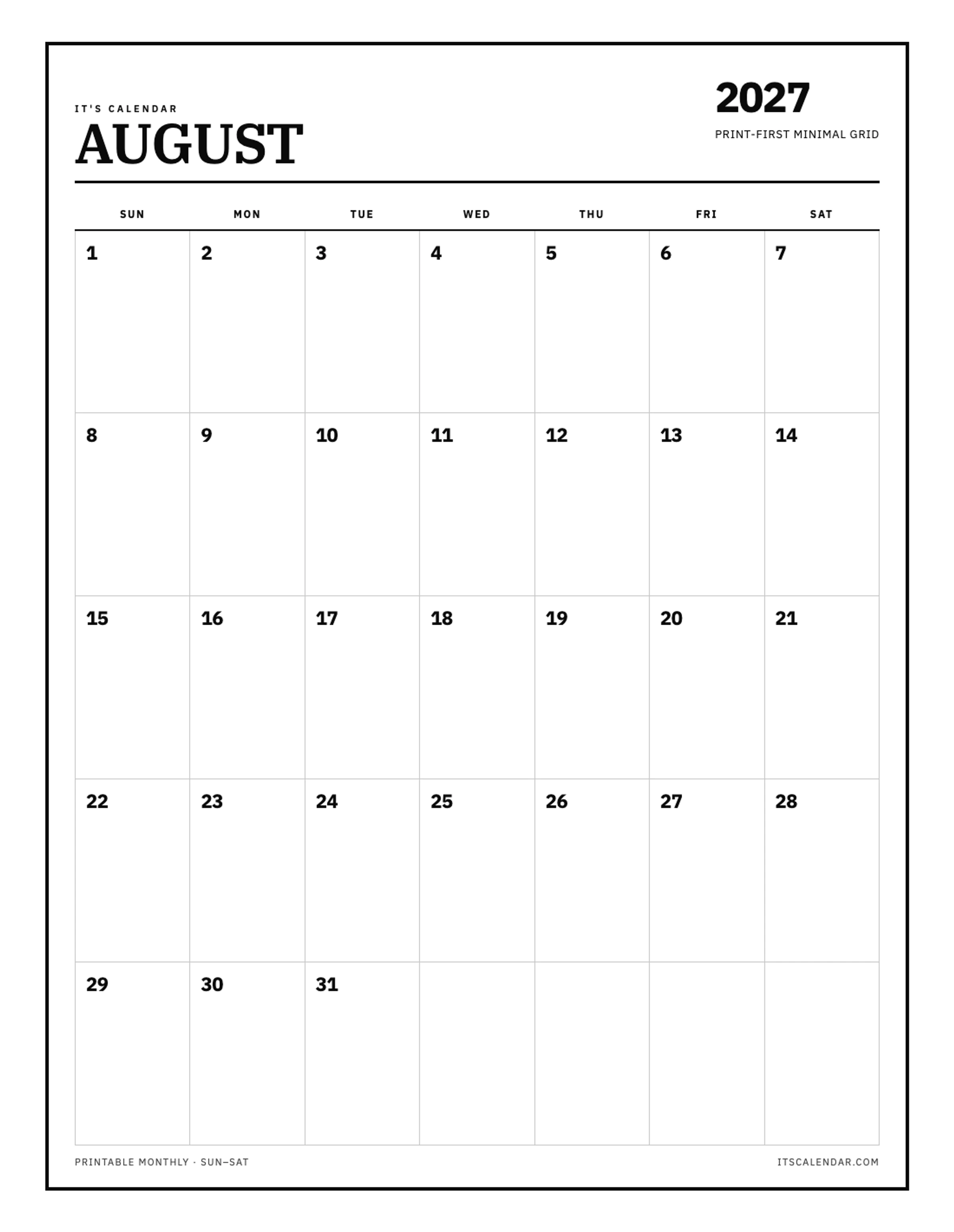 Blank August 2027 Calendar