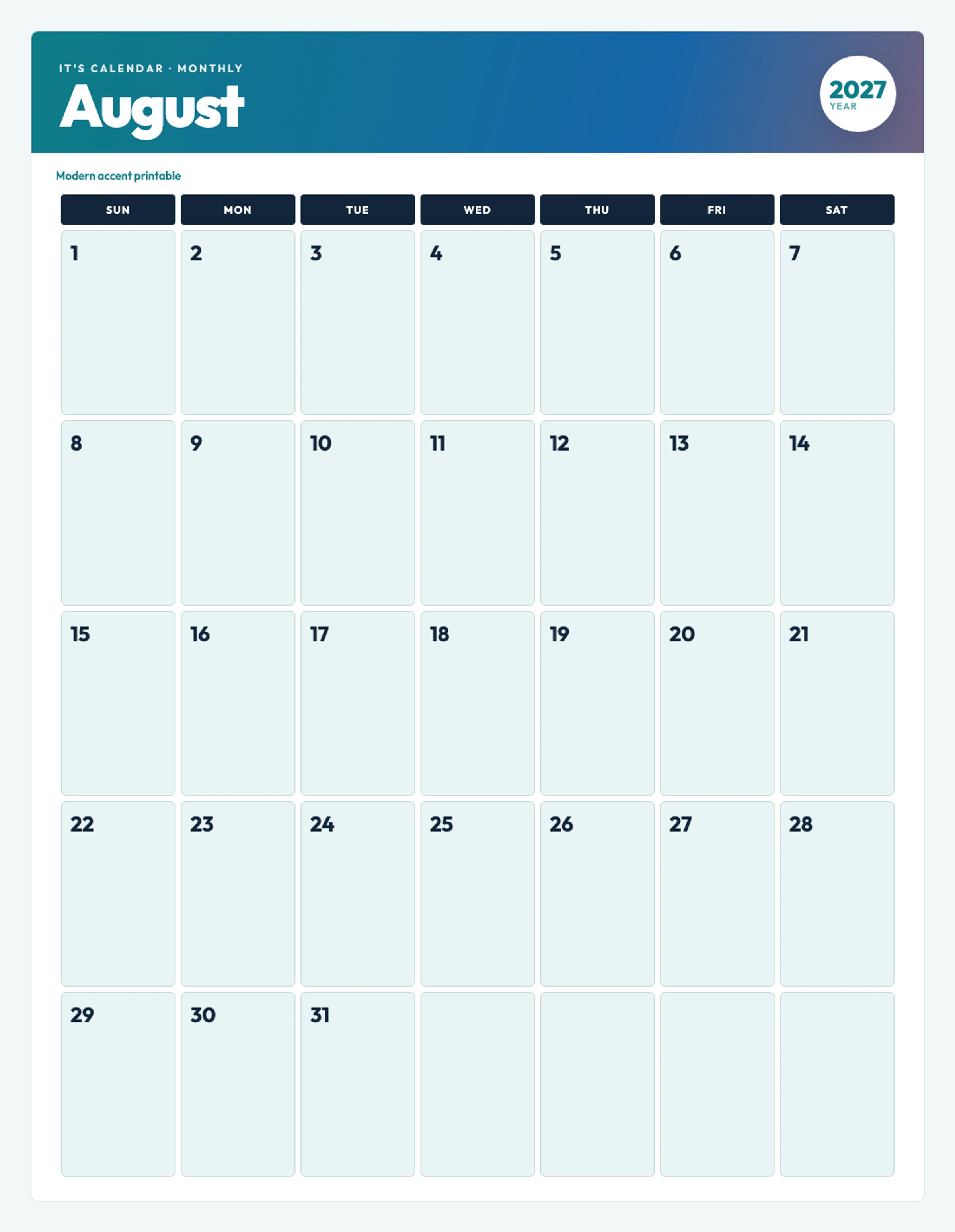 Cute / Winter August 2027 Calendar