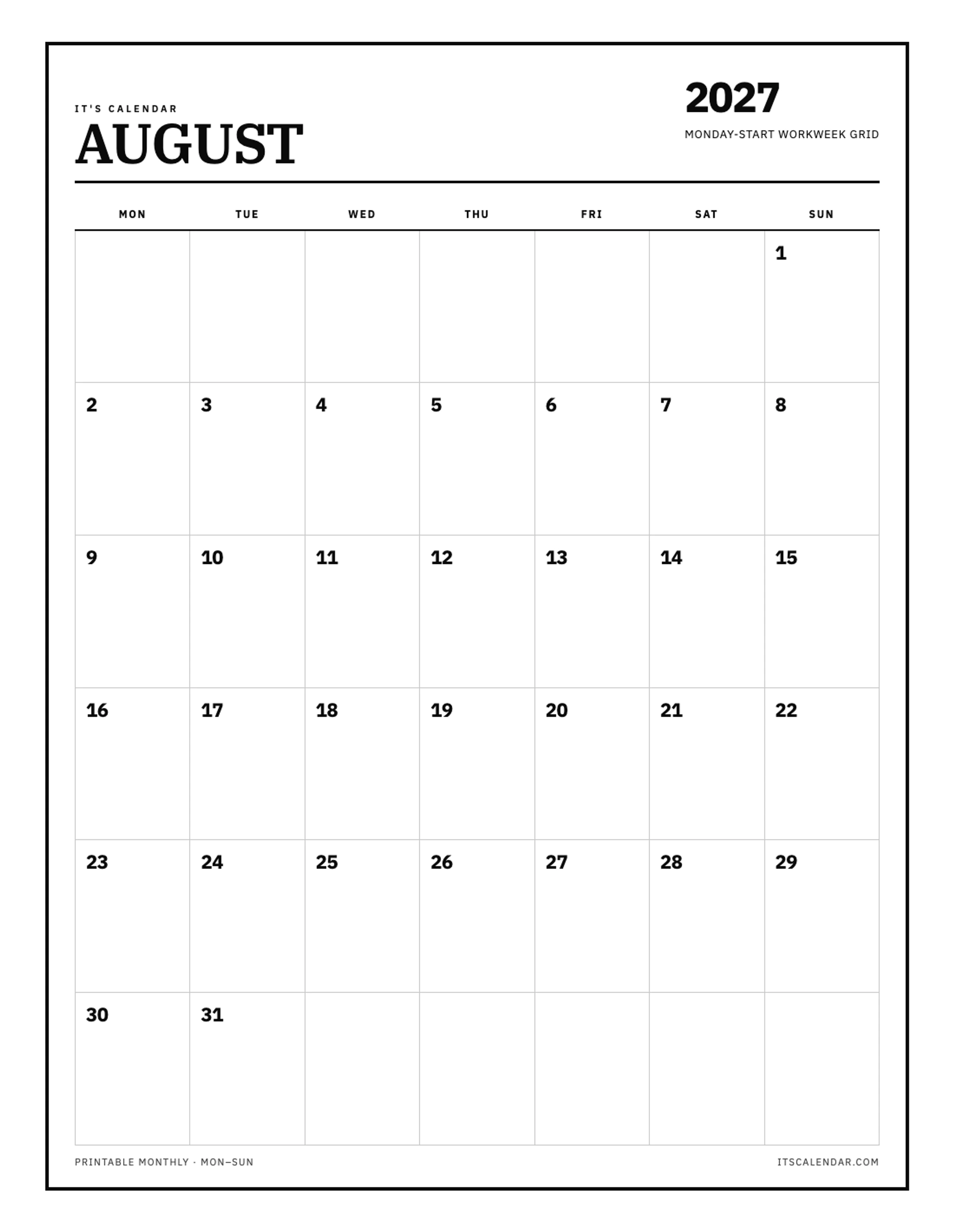 August 2027 Calendar – Monday Start