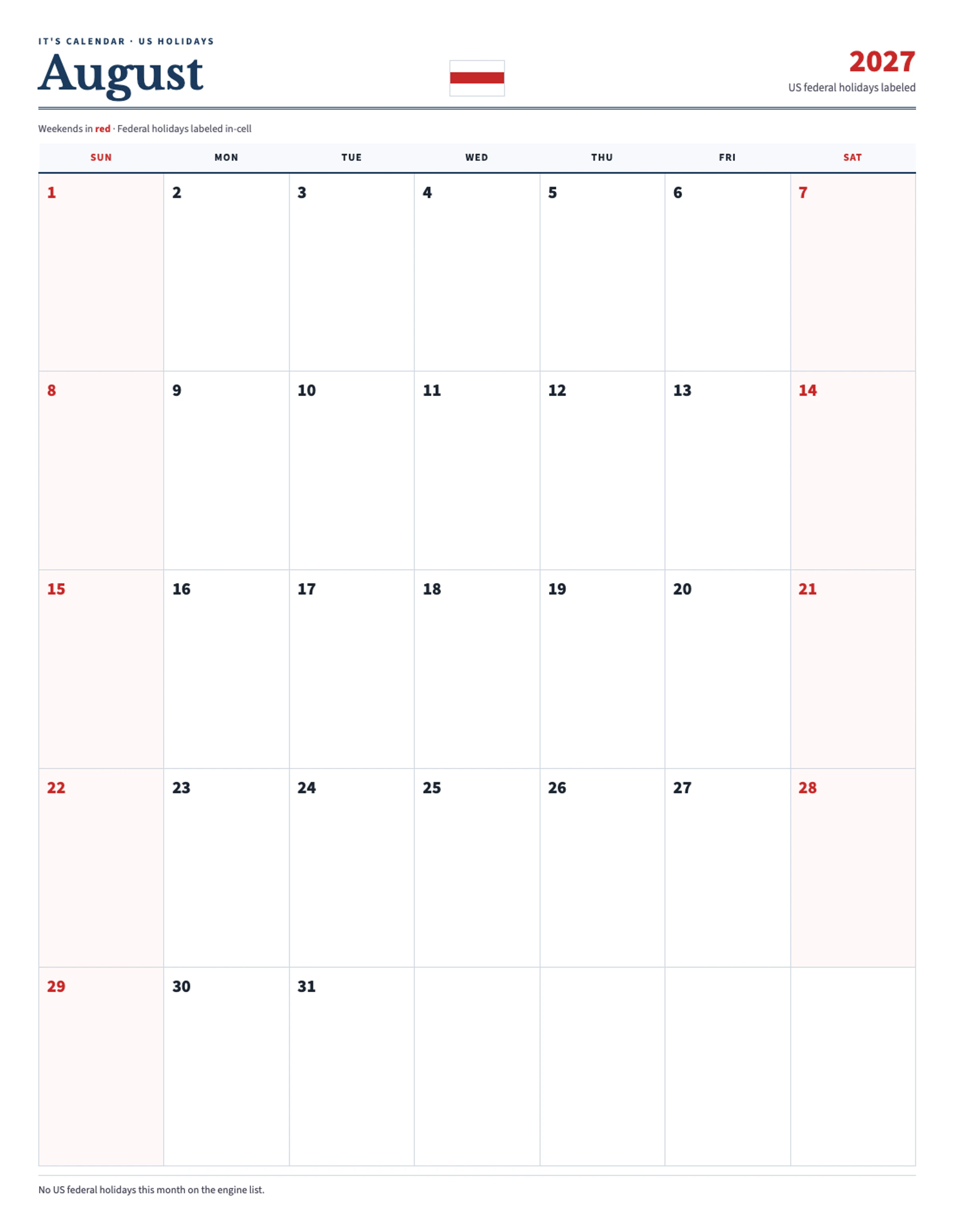 August 2027 Calendar With Holidays