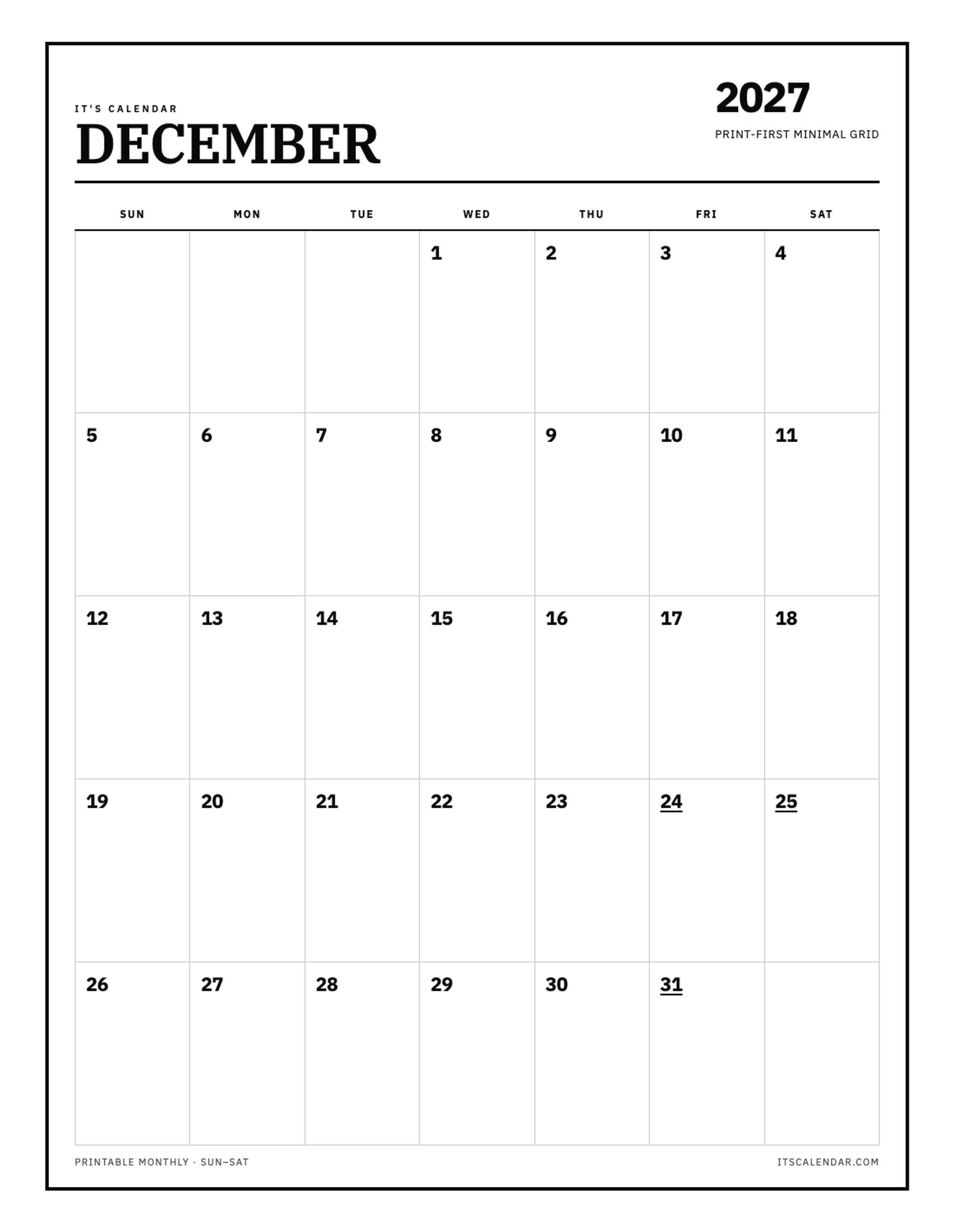 Blank December 2027 Calendar