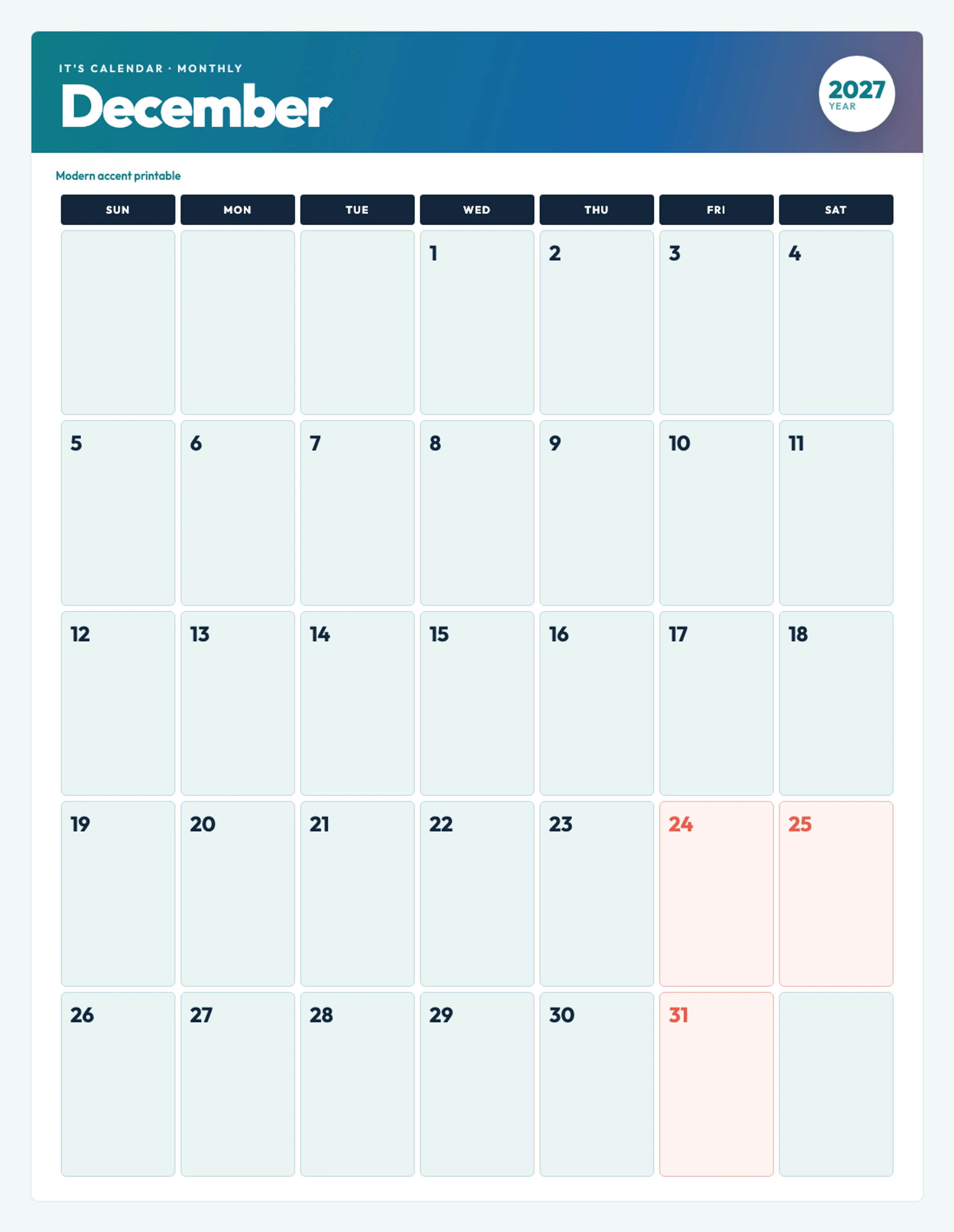Cute / Winter December 2027 Calendar