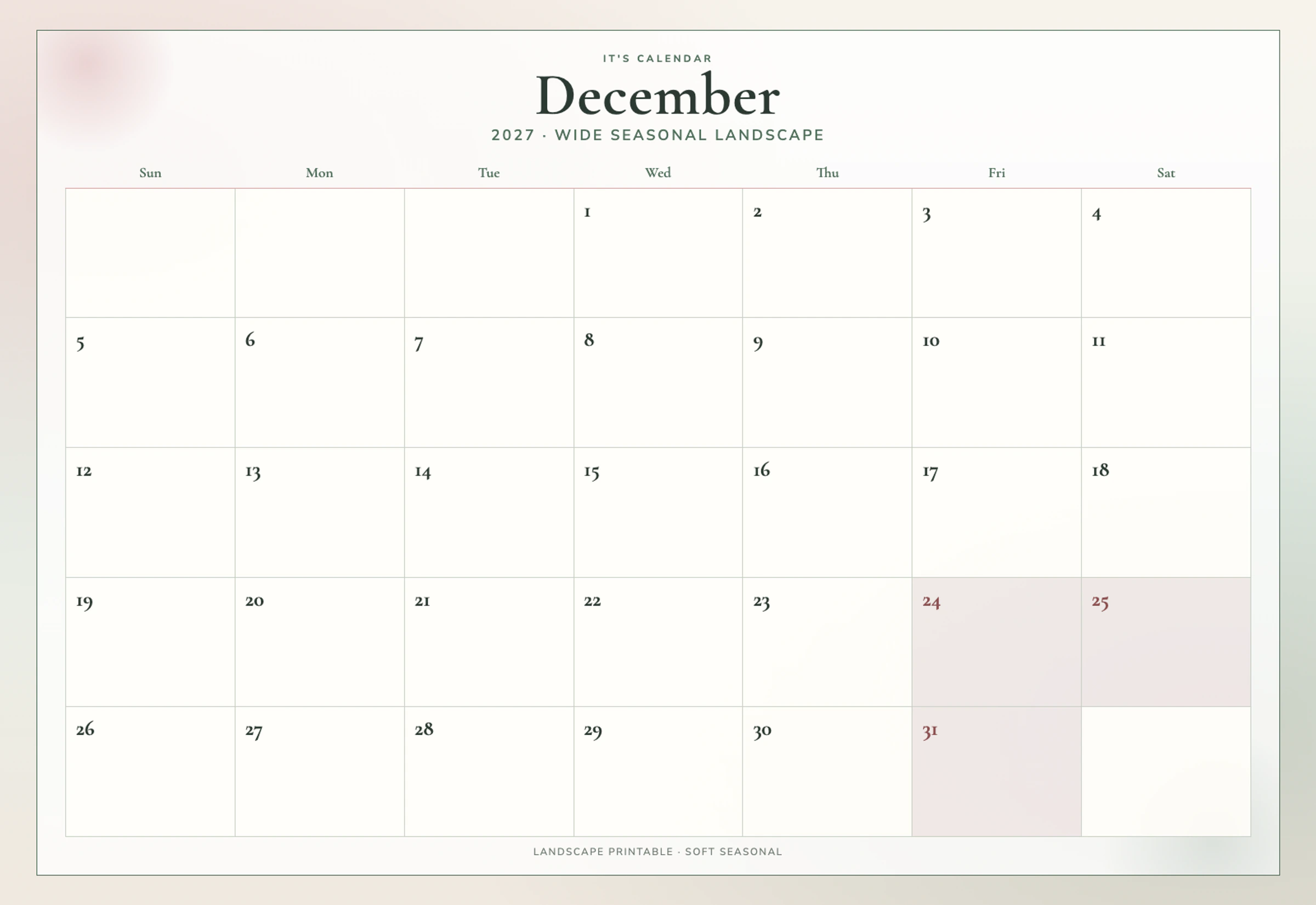 Landscape December 2027 Calendar