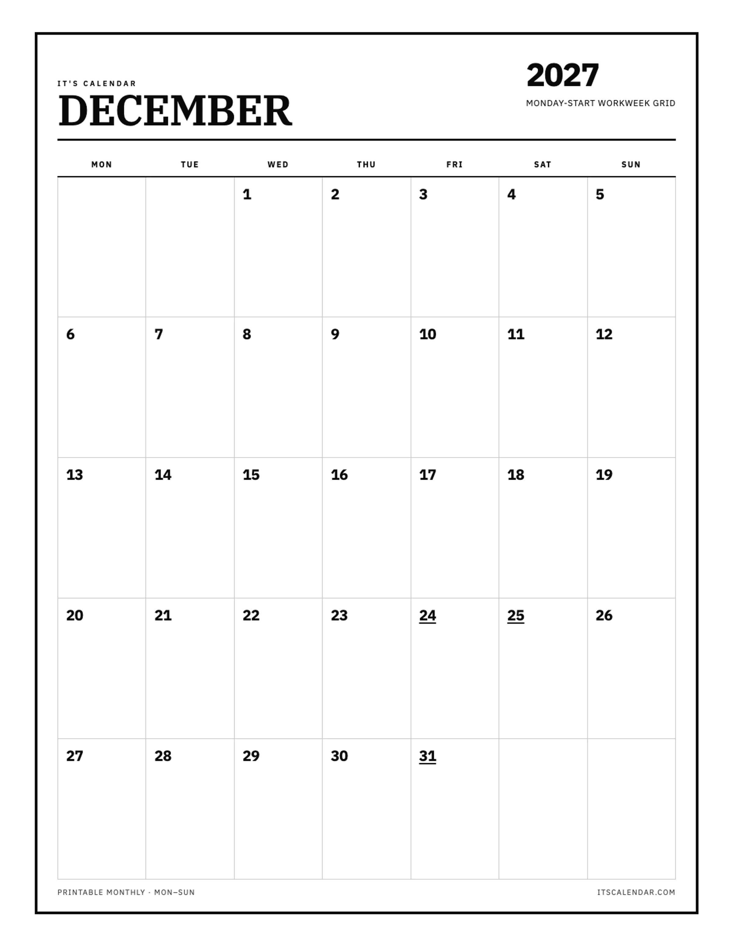 December 2027 Calendar – Monday Start