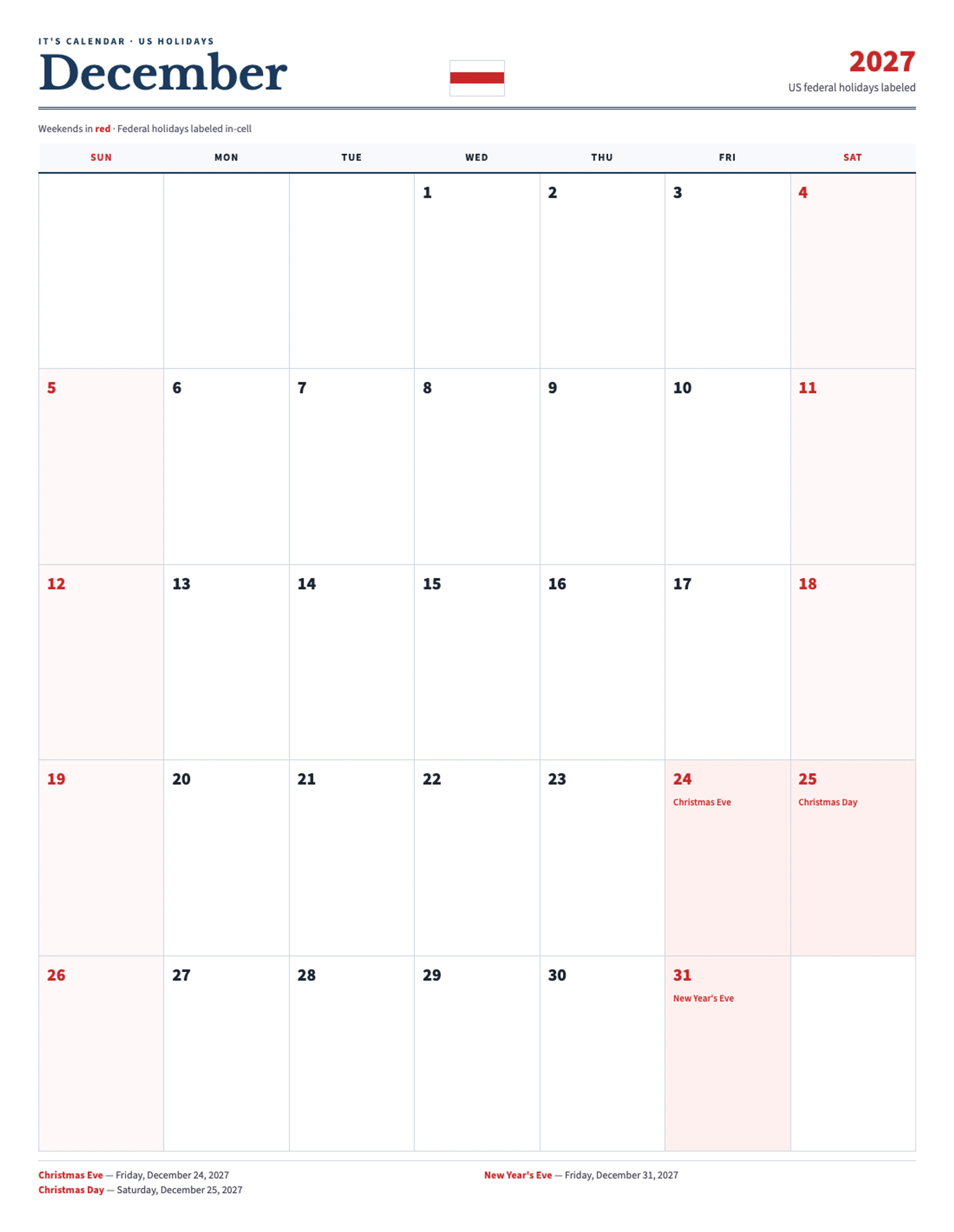December 2027 Calendar With Holidays