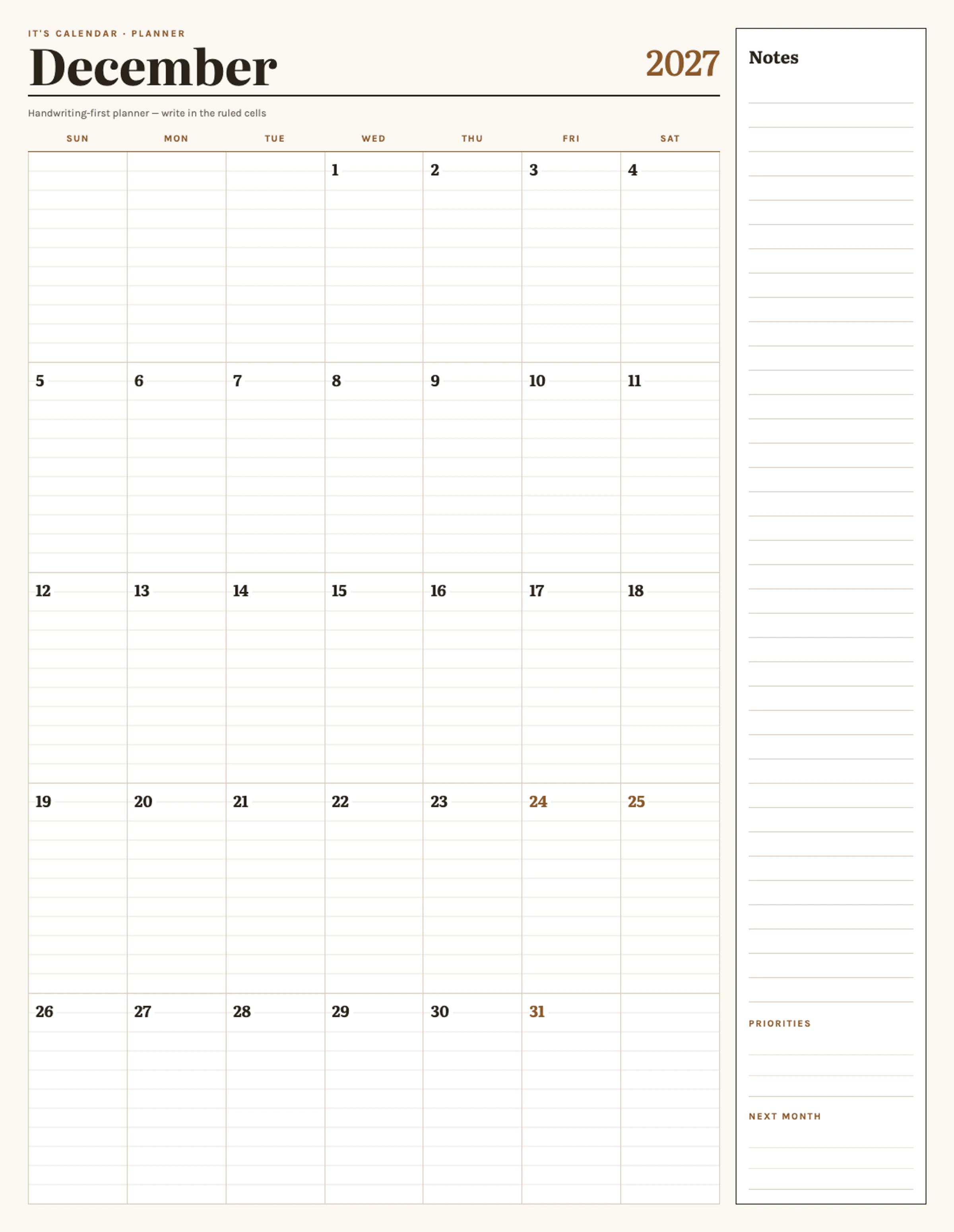 December 2027 Calendar With Notes