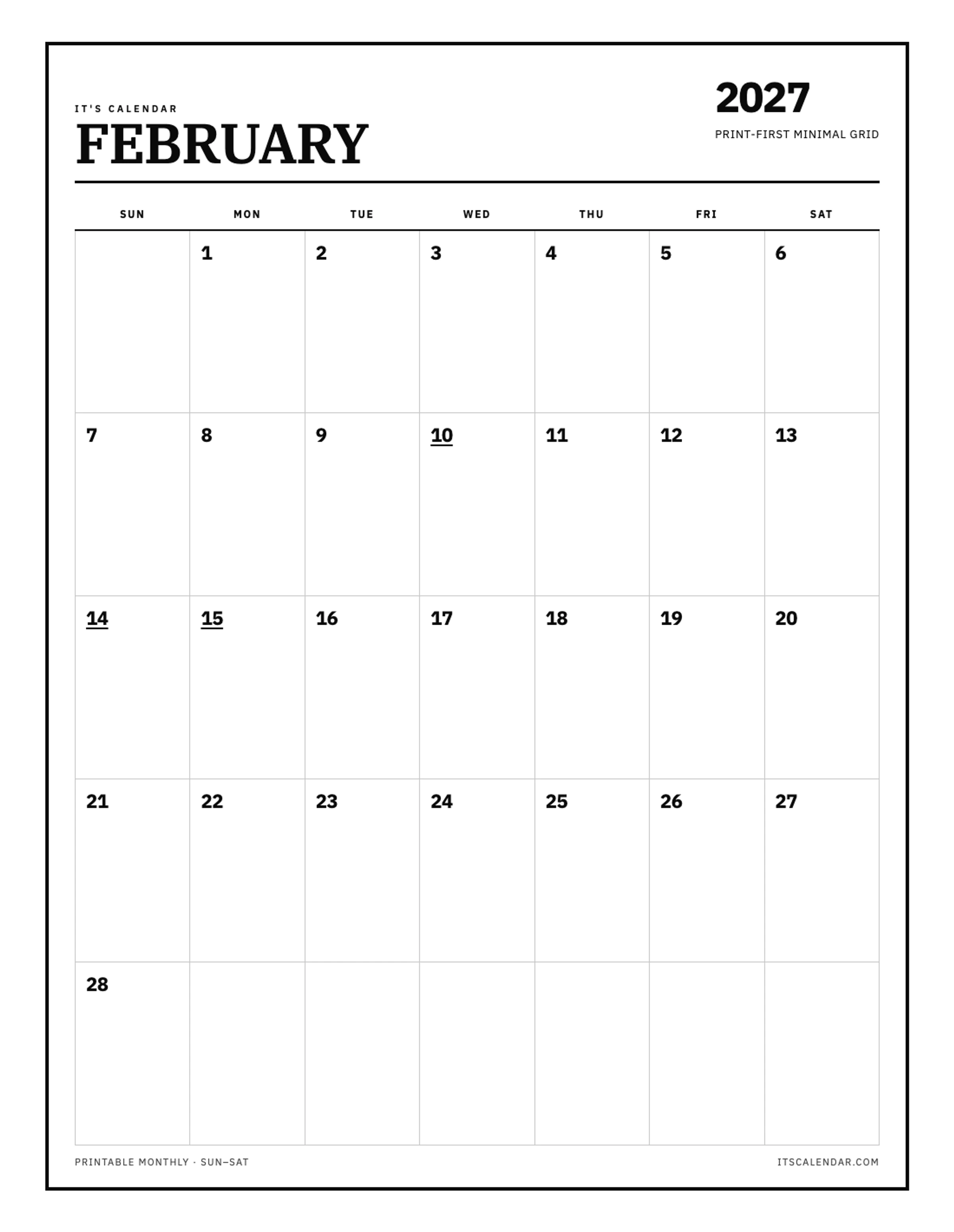 Blank February 2027 Calendar