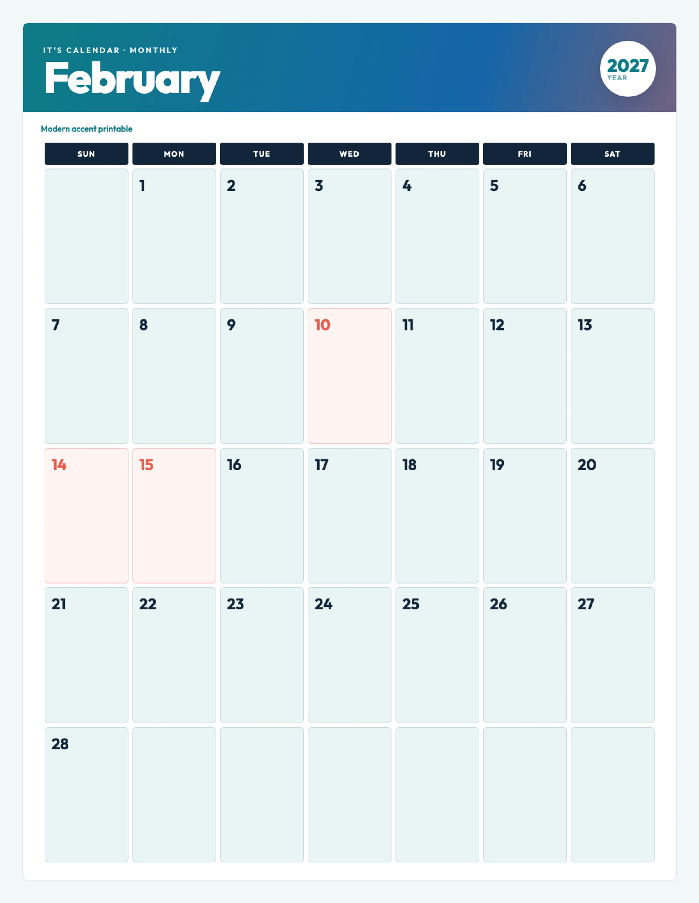 Cute / Winter February 2027 Calendar