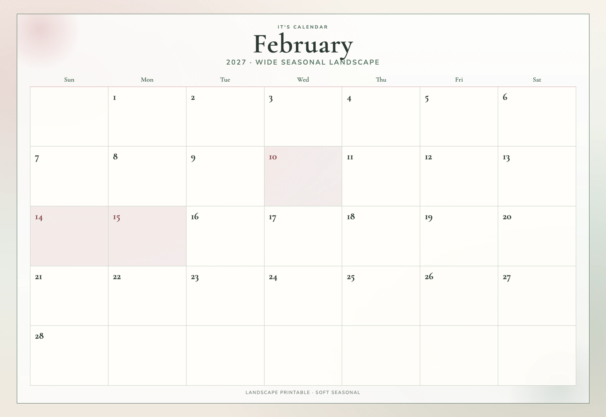 Landscape February 2027 Calendar