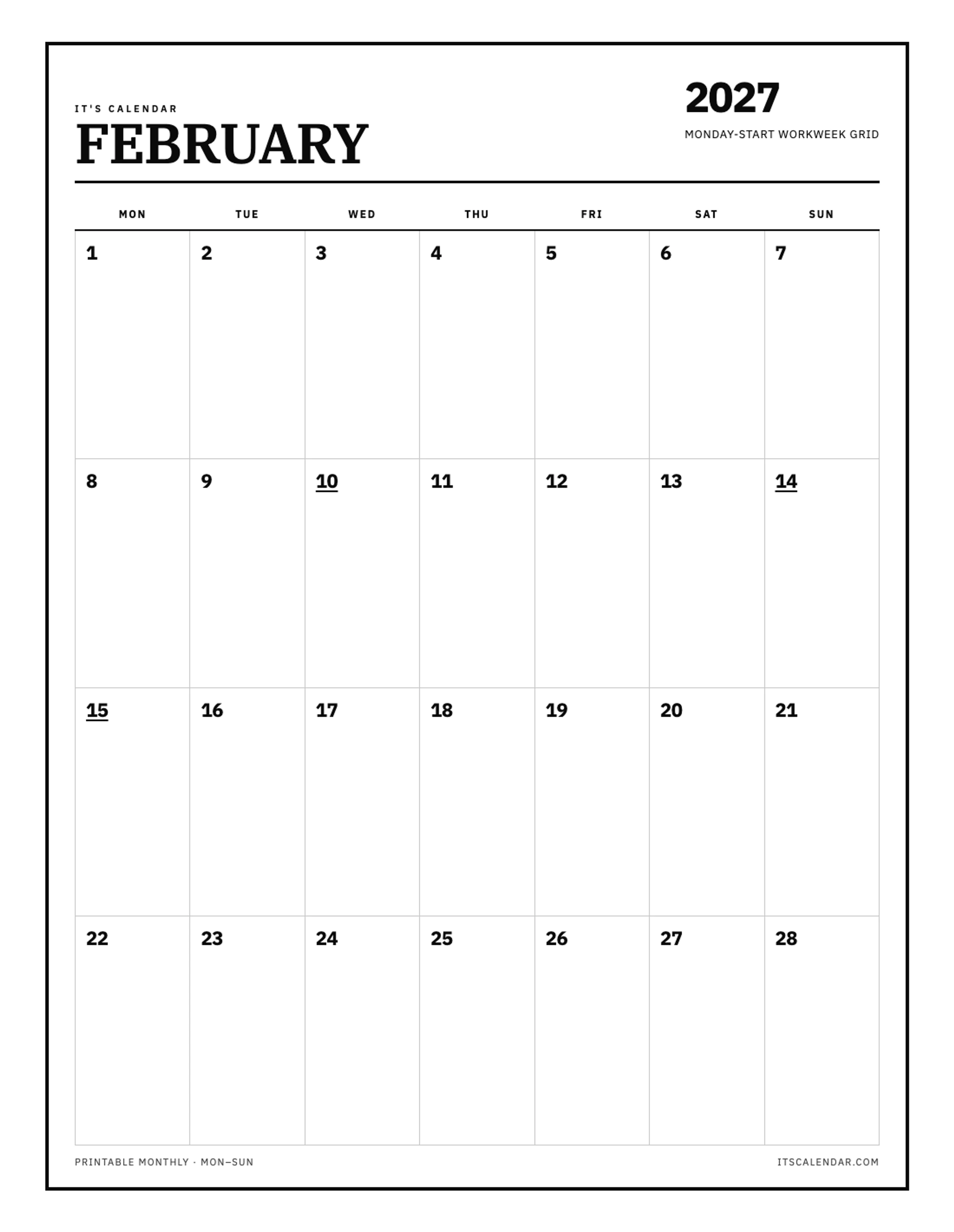 February 2027 Calendar – Monday Start
