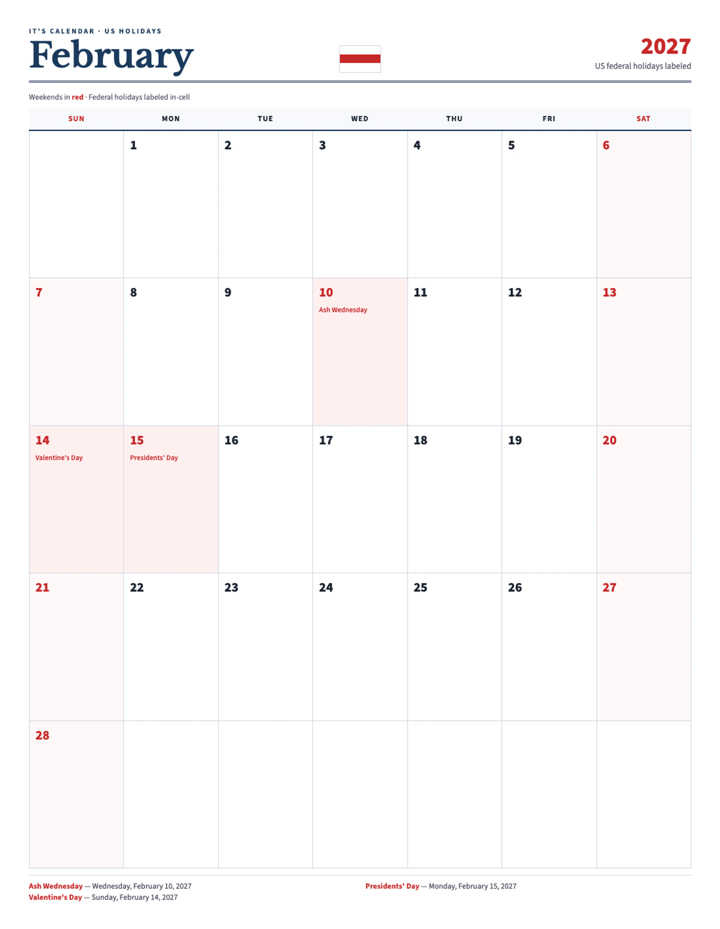 February 2027 Calendar With Holidays