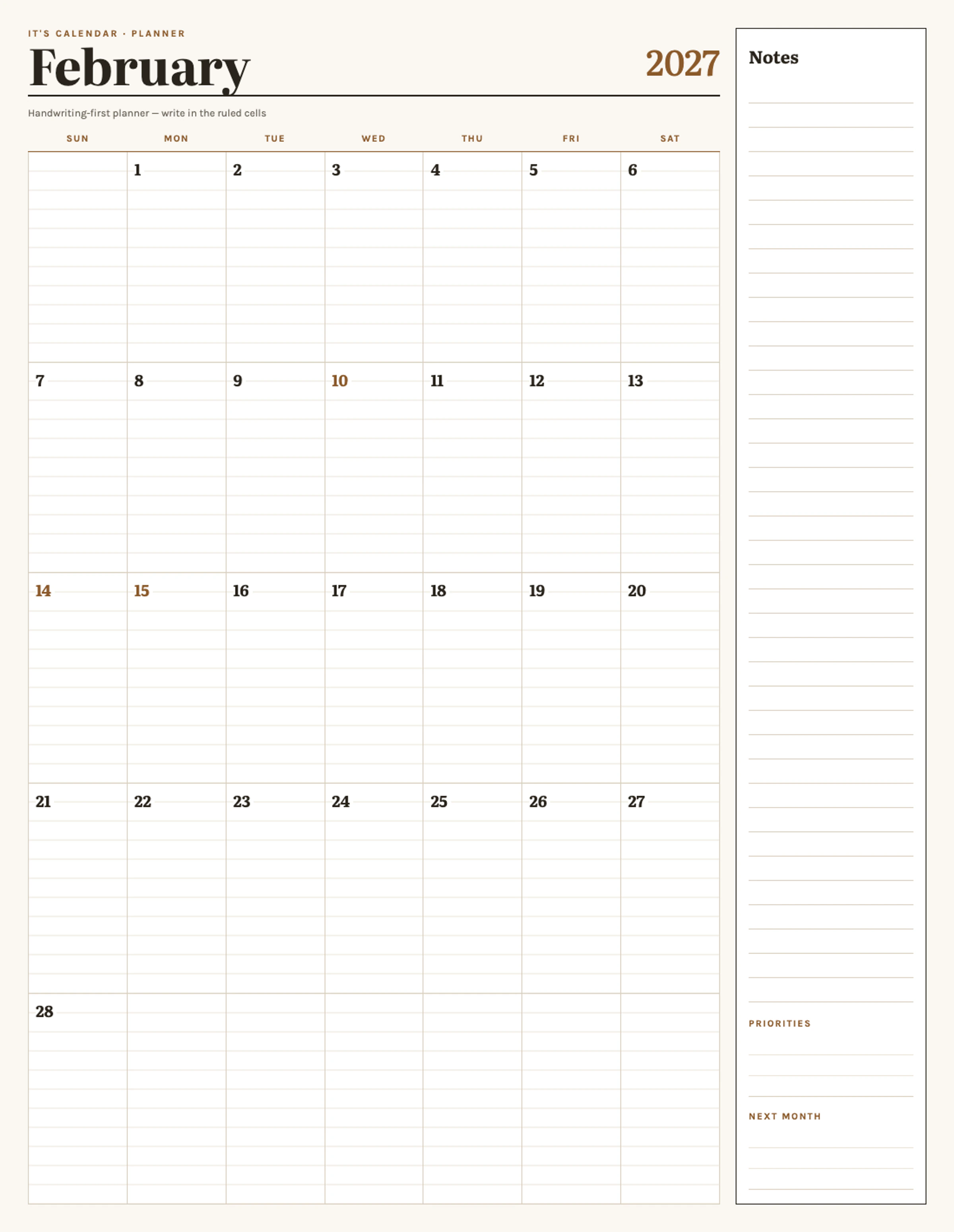 February 2027 Calendar With Notes