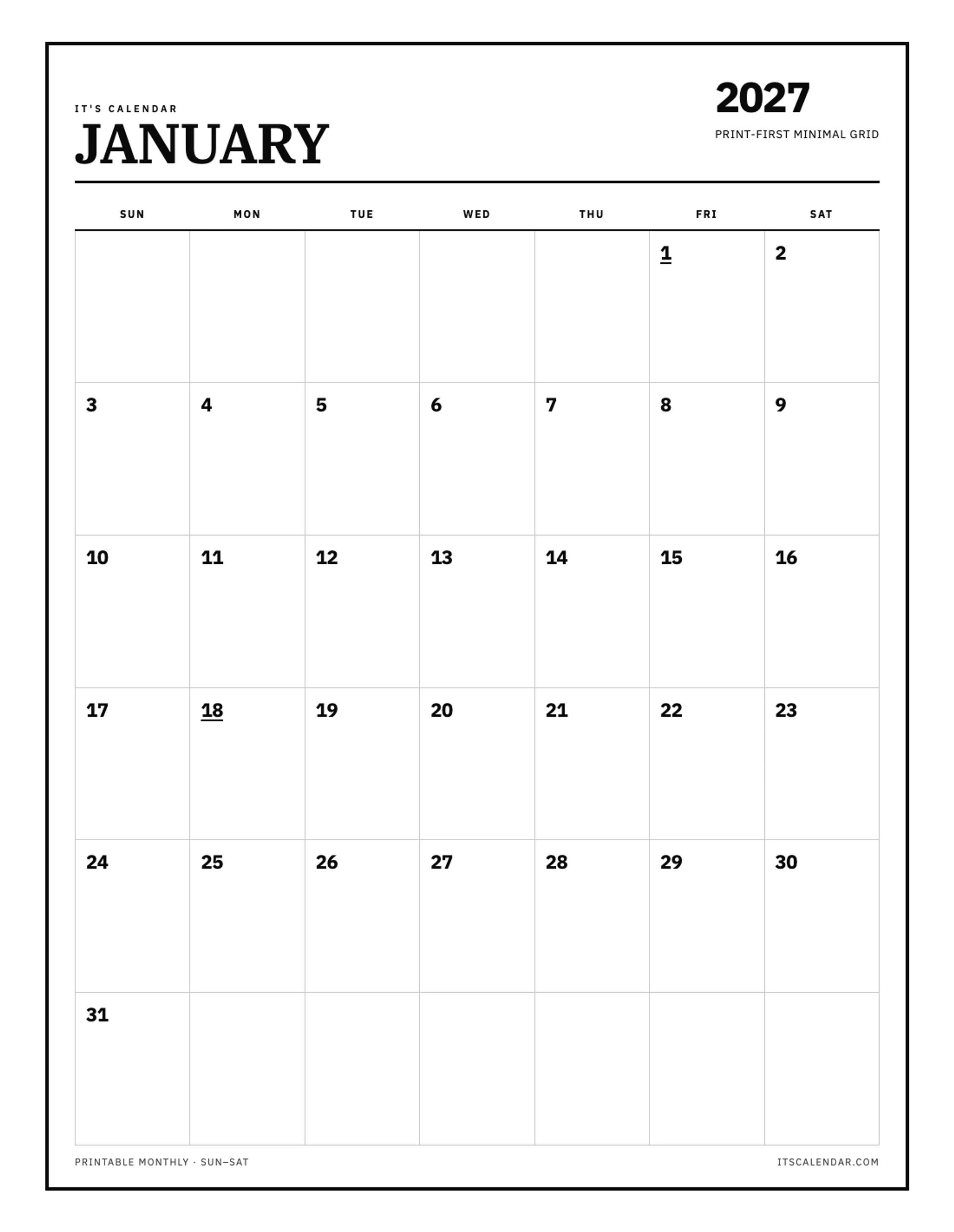 Blank January 2027 Calendar