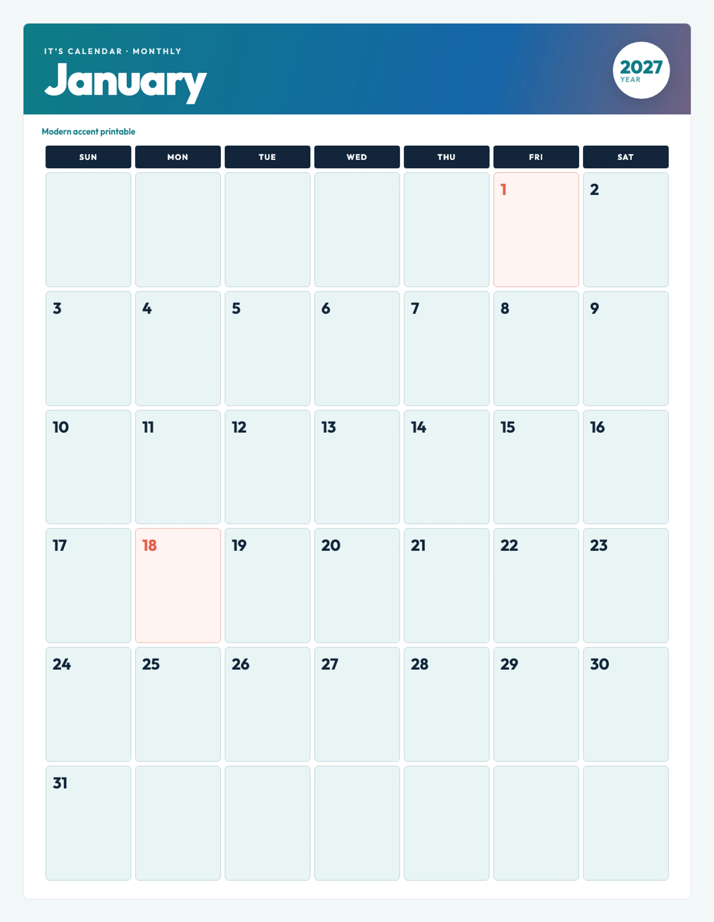 Cute / Winter January 2027 Calendar