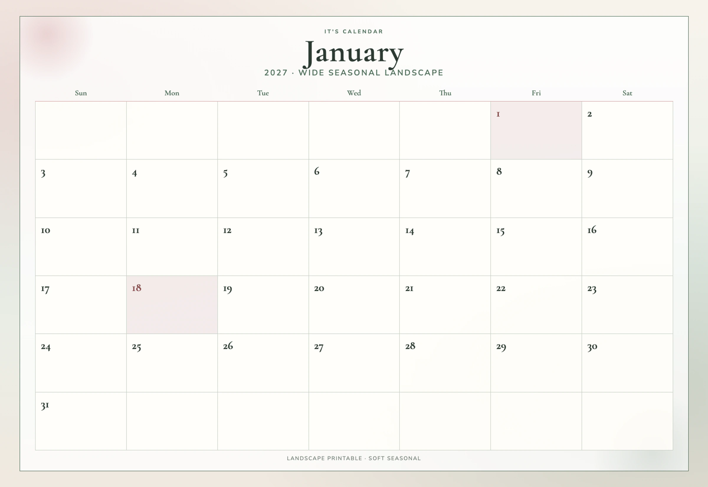 Landscape January 2027 Calendar