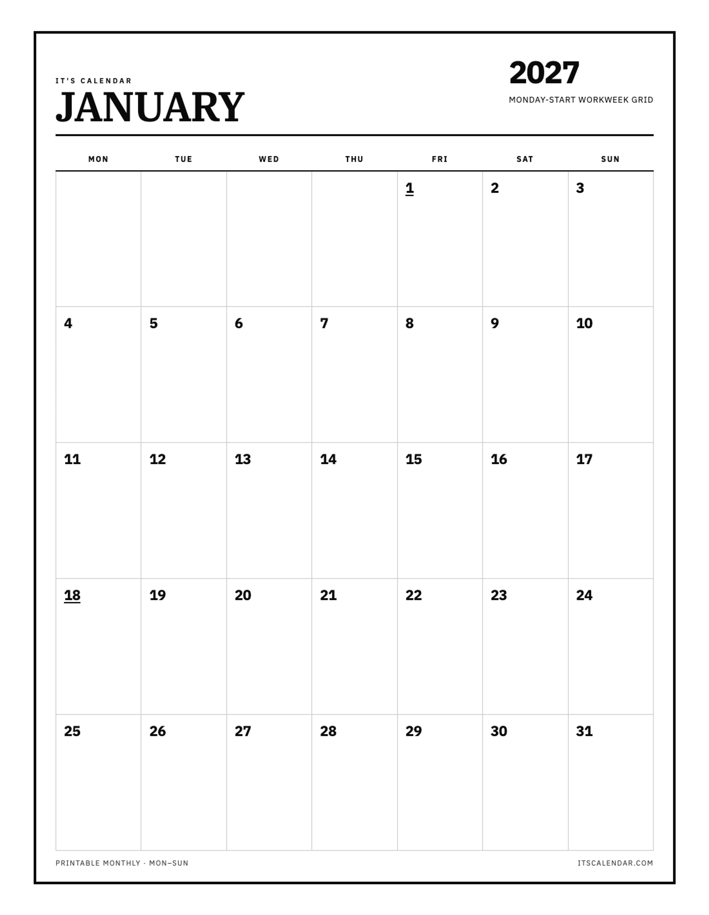 January 2027 Calendar – Monday Start