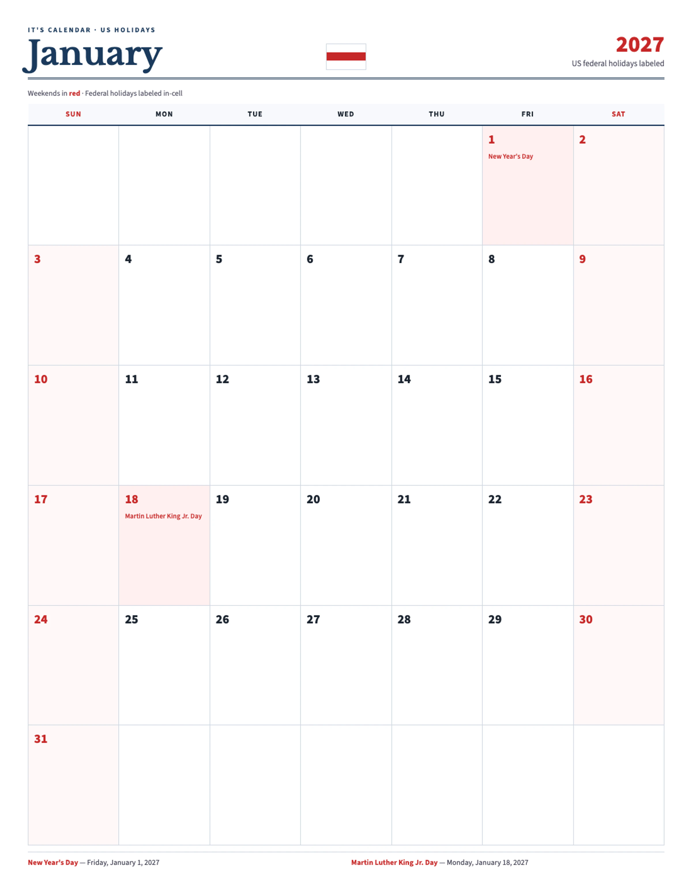 January 2027 Calendar With Holidays