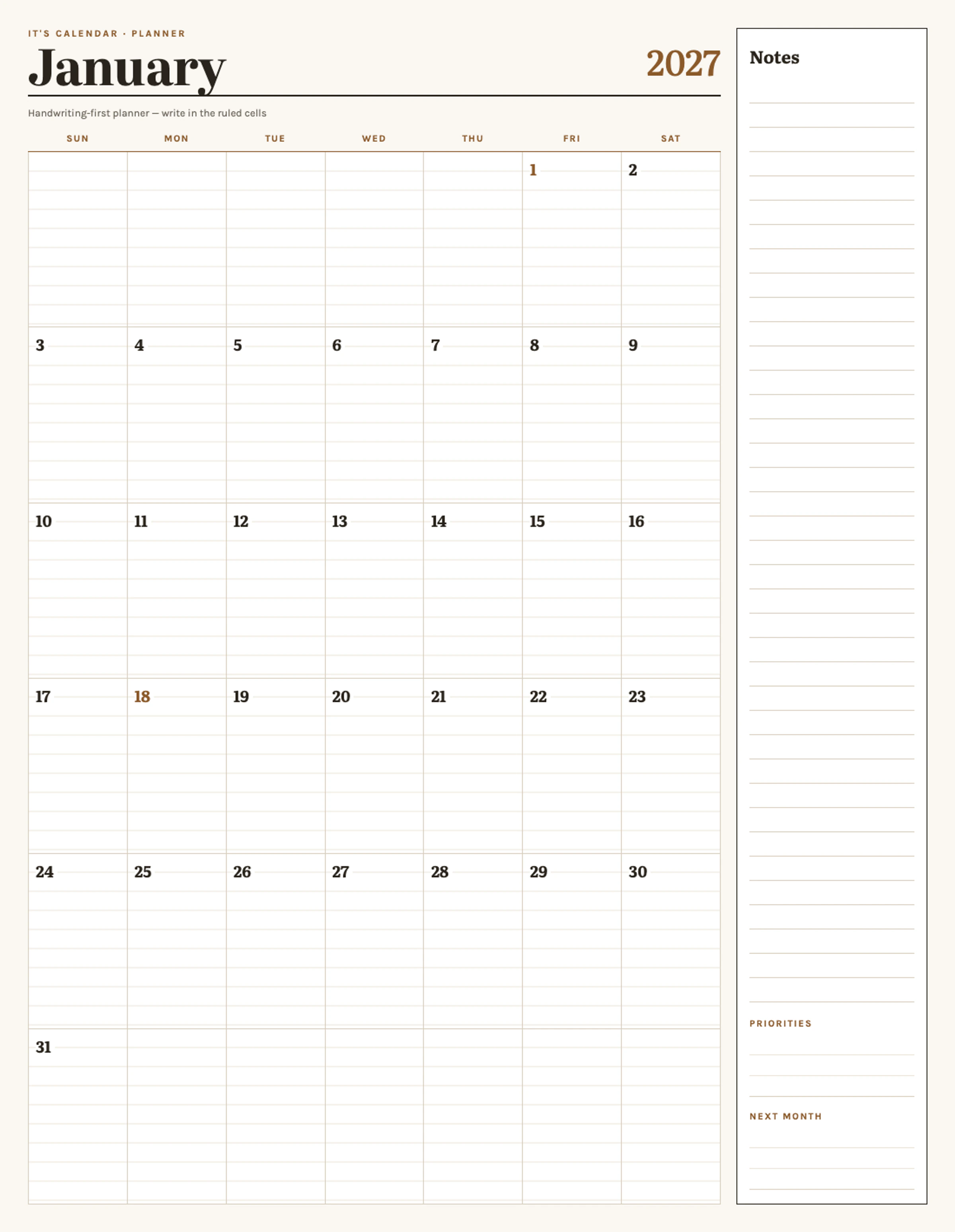 January 2027 Calendar With Notes