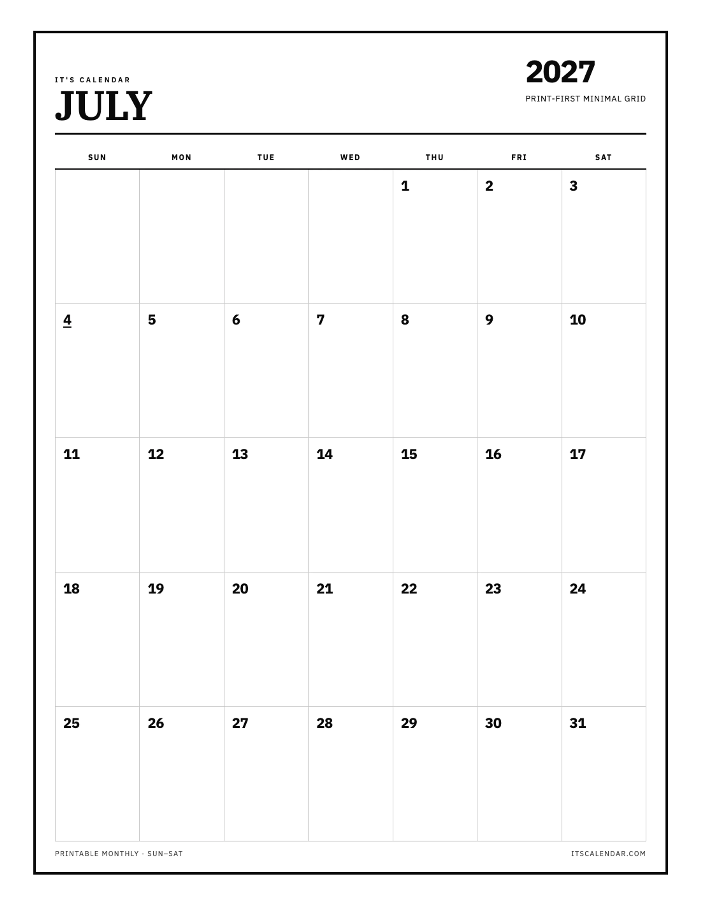 Blank July 2027 Calendar