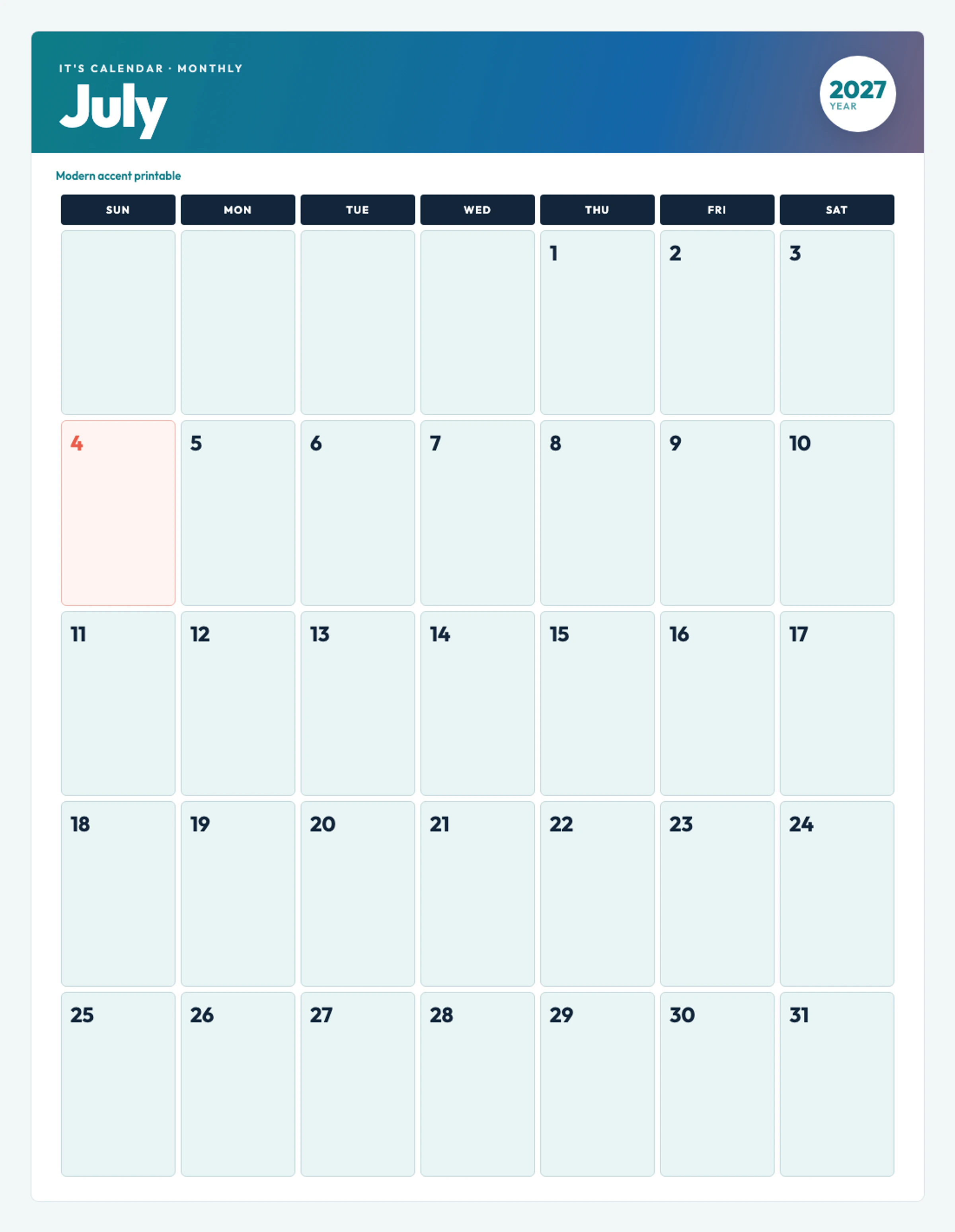 Cute / Winter July 2027 Calendar