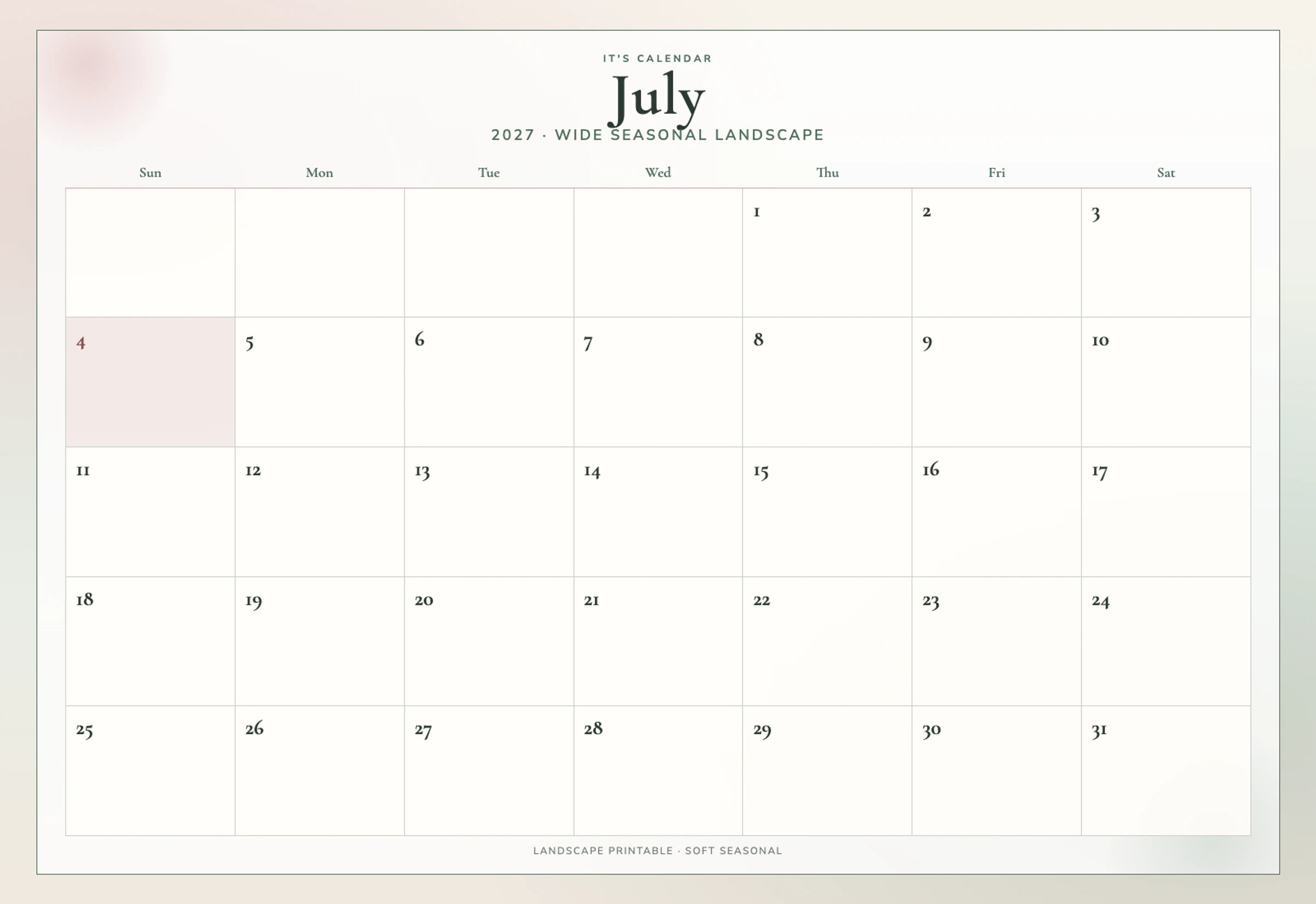 Landscape July 2027 Calendar