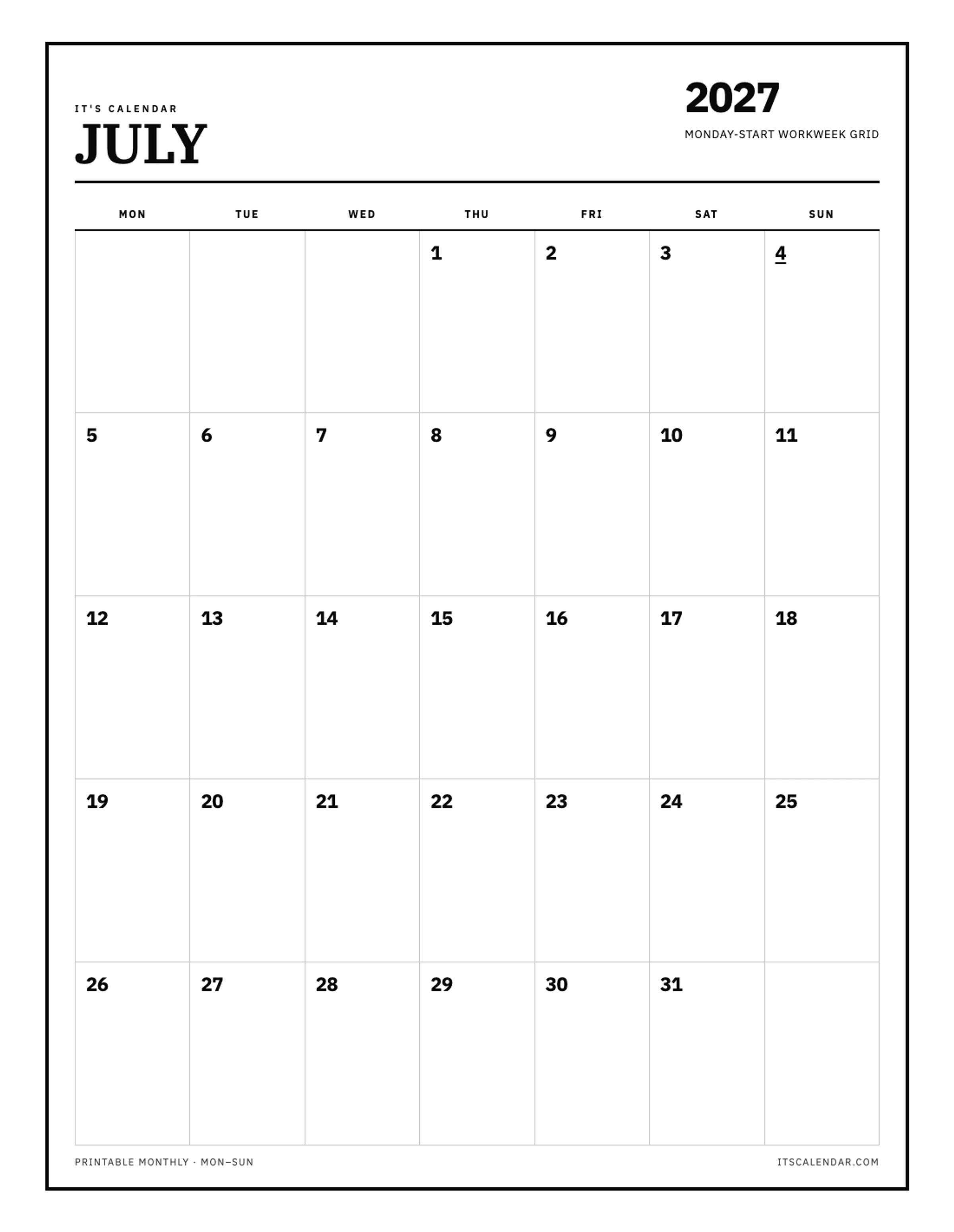 July 2027 Calendar – Monday Start