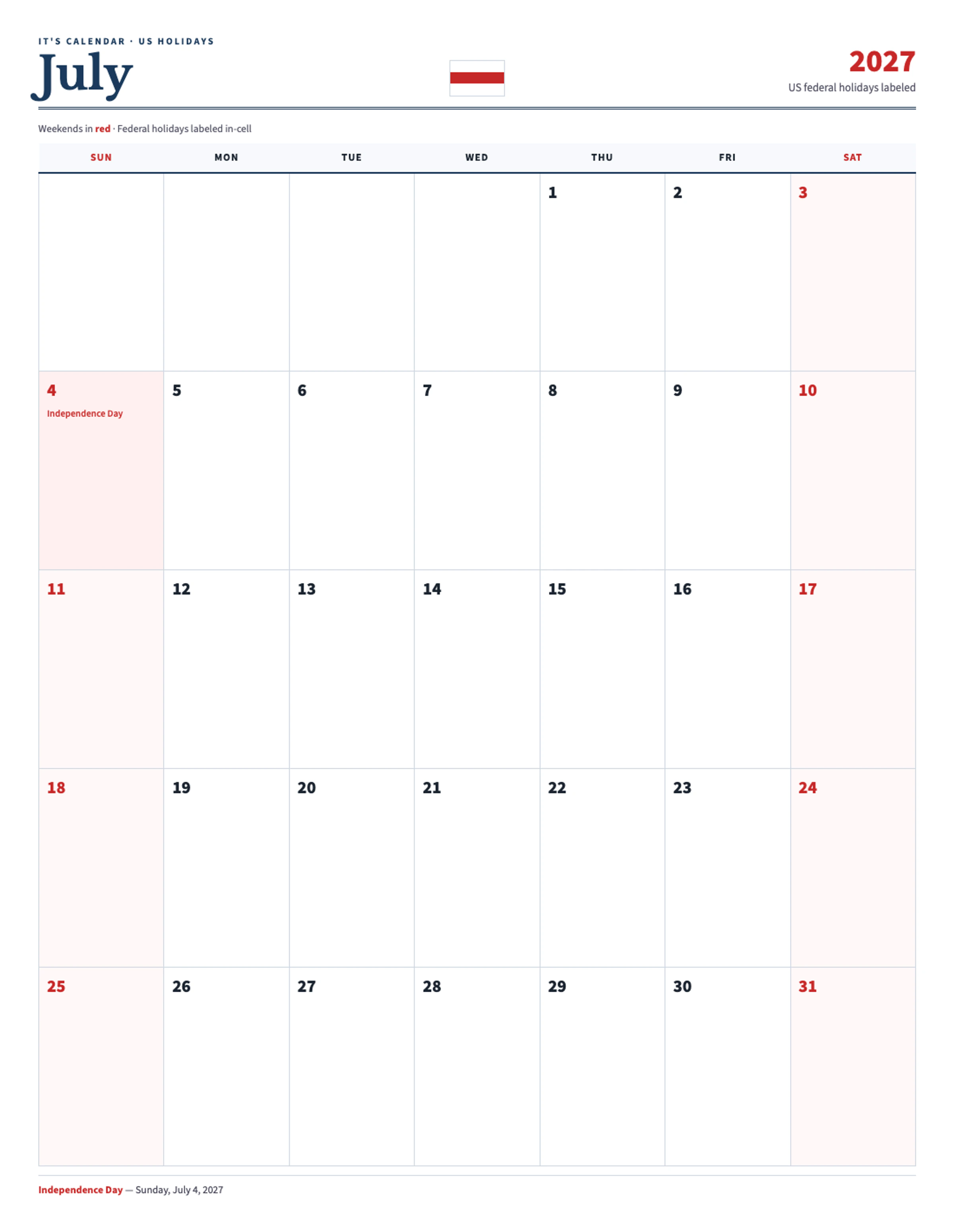 July 2027 Calendar With Holidays