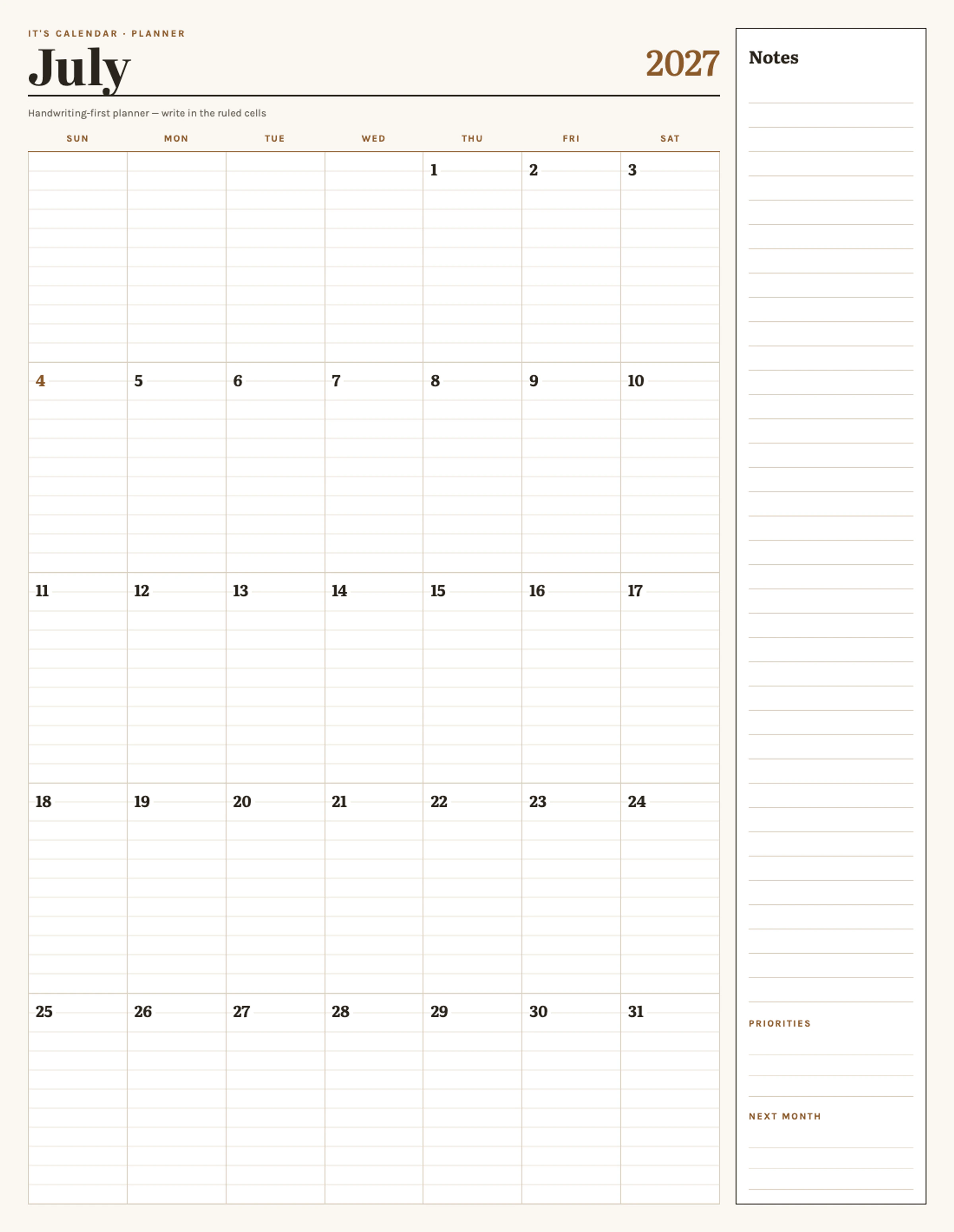 July 2027 Calendar With Notes