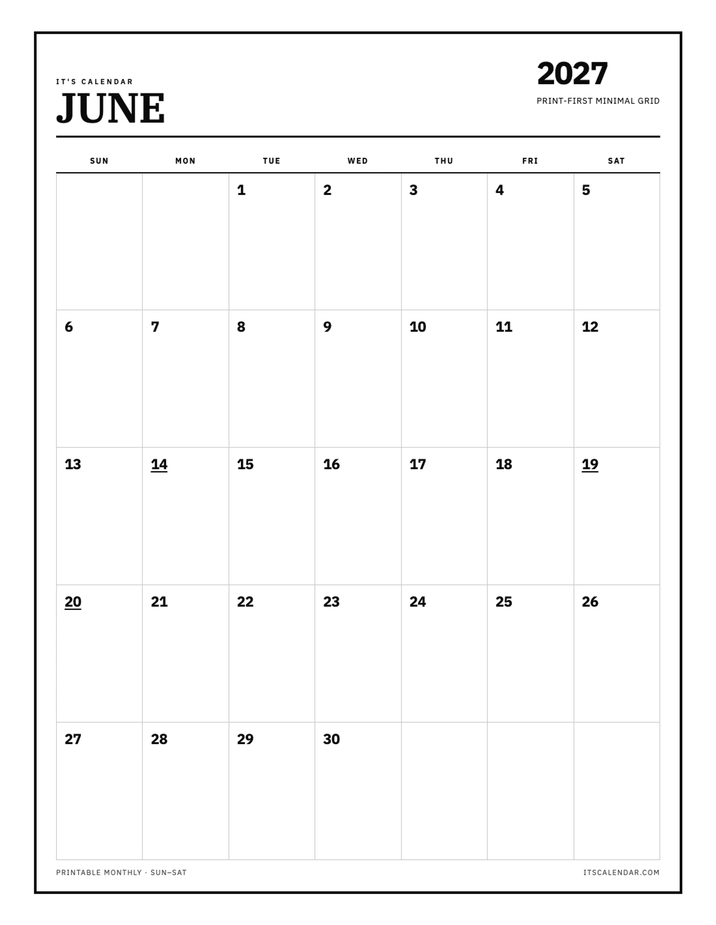 Blank June 2027 Calendar